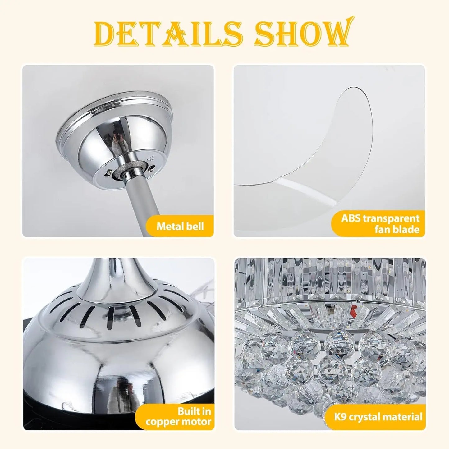 Crystal Ceiling Fan With Light And Remote Retractable Blades