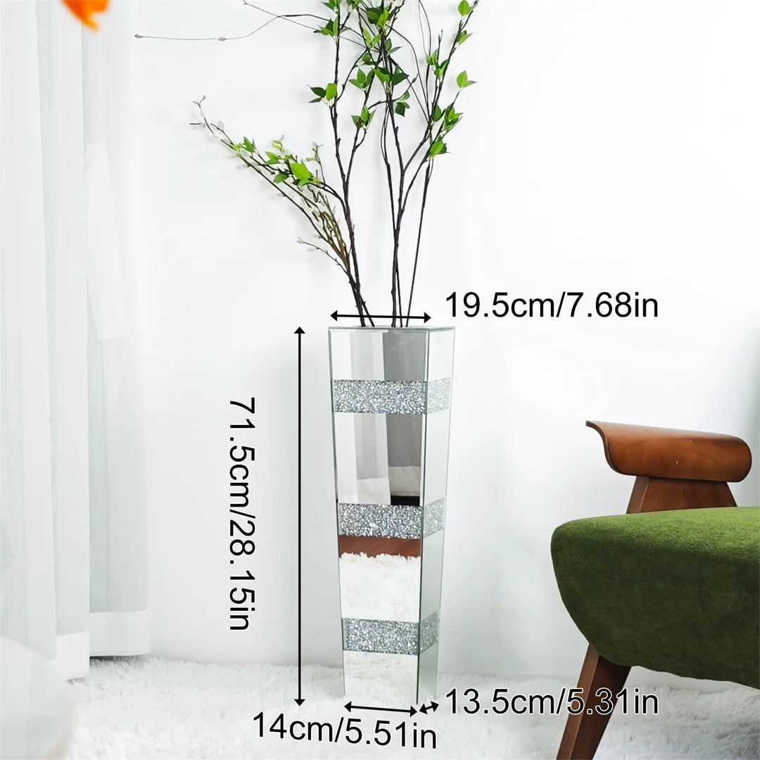 Modern Floor Vase With Crystal Accents In Mirrored Silver Finish
