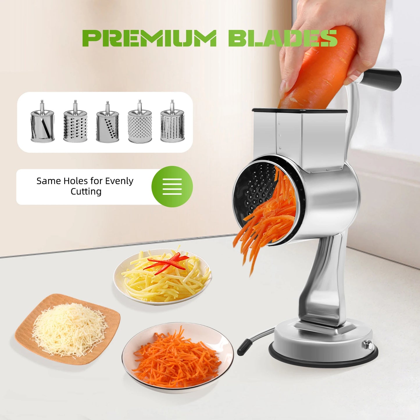 Rotary Grater With Five Stainless Steel Blades Vegetable Shredder