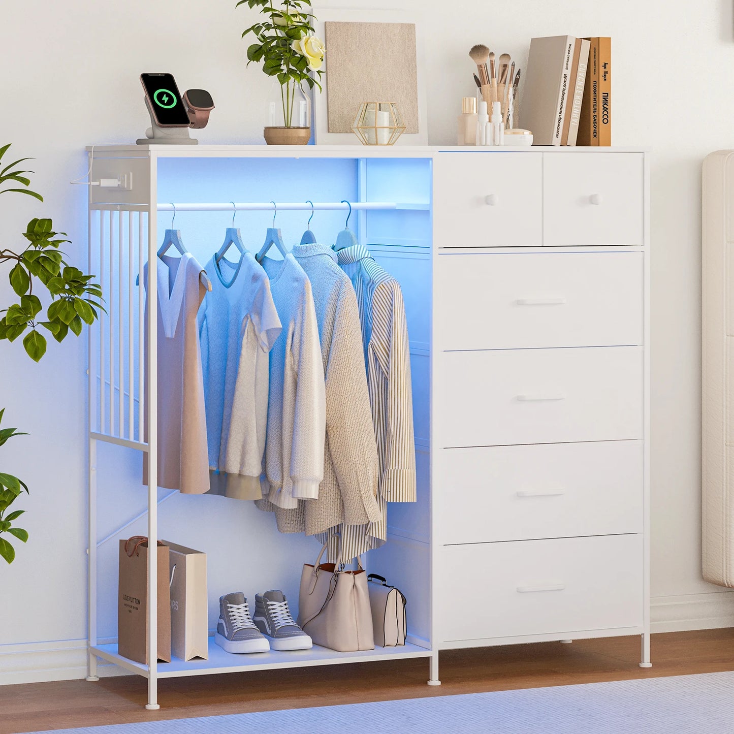 150cm Chest of Drawers, Reversible 6 Fabric Drawers Hanging Rack Dresser Closet w/LED Lights & Charging Station for Kids Bedroom