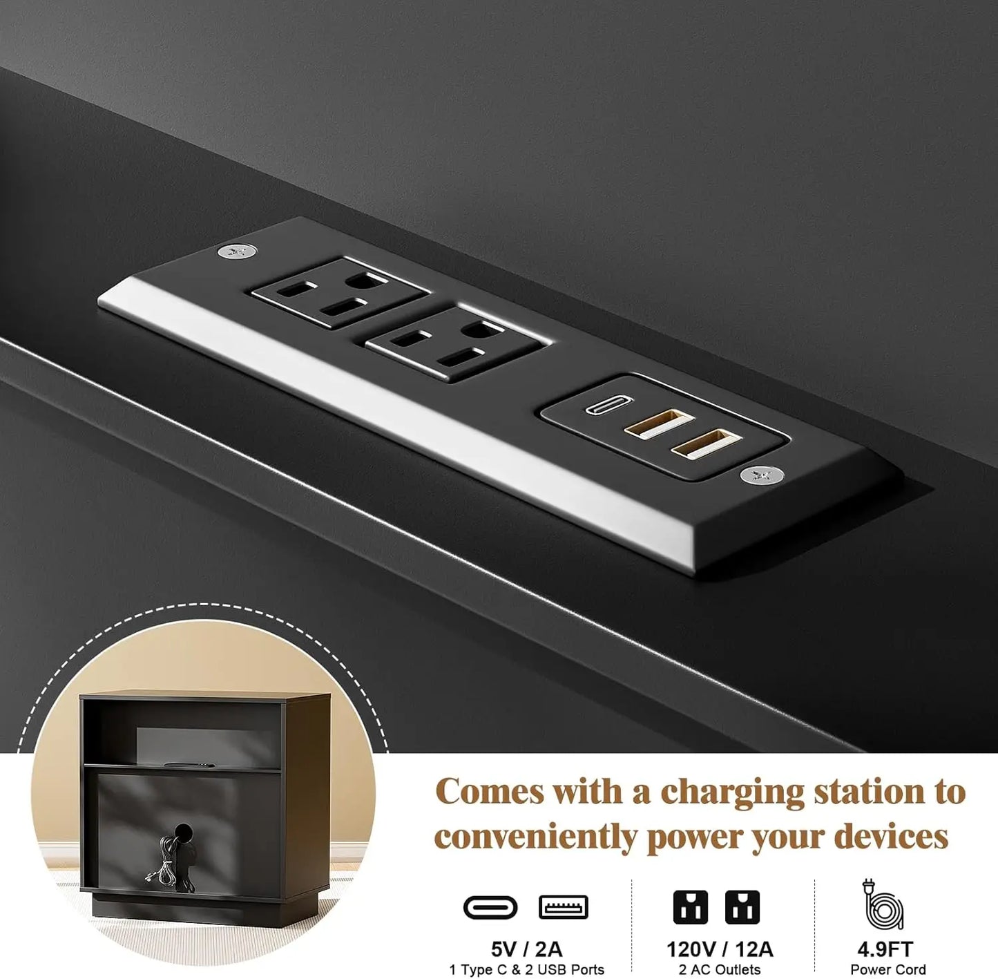 Three Drawer Nightstand With Charging Station Modern Wood Bedside Table