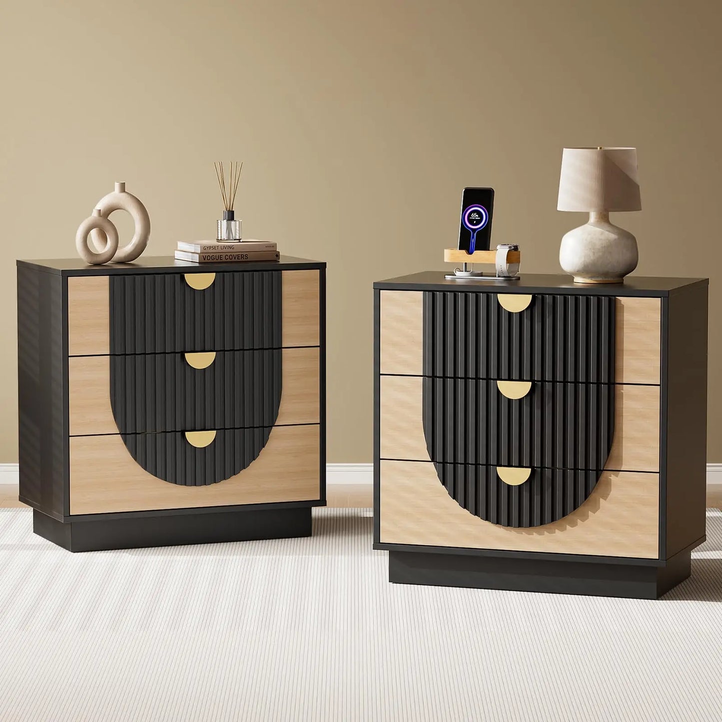 Three Drawer Nightstand With Charging Station Modern Wood Bedside Table