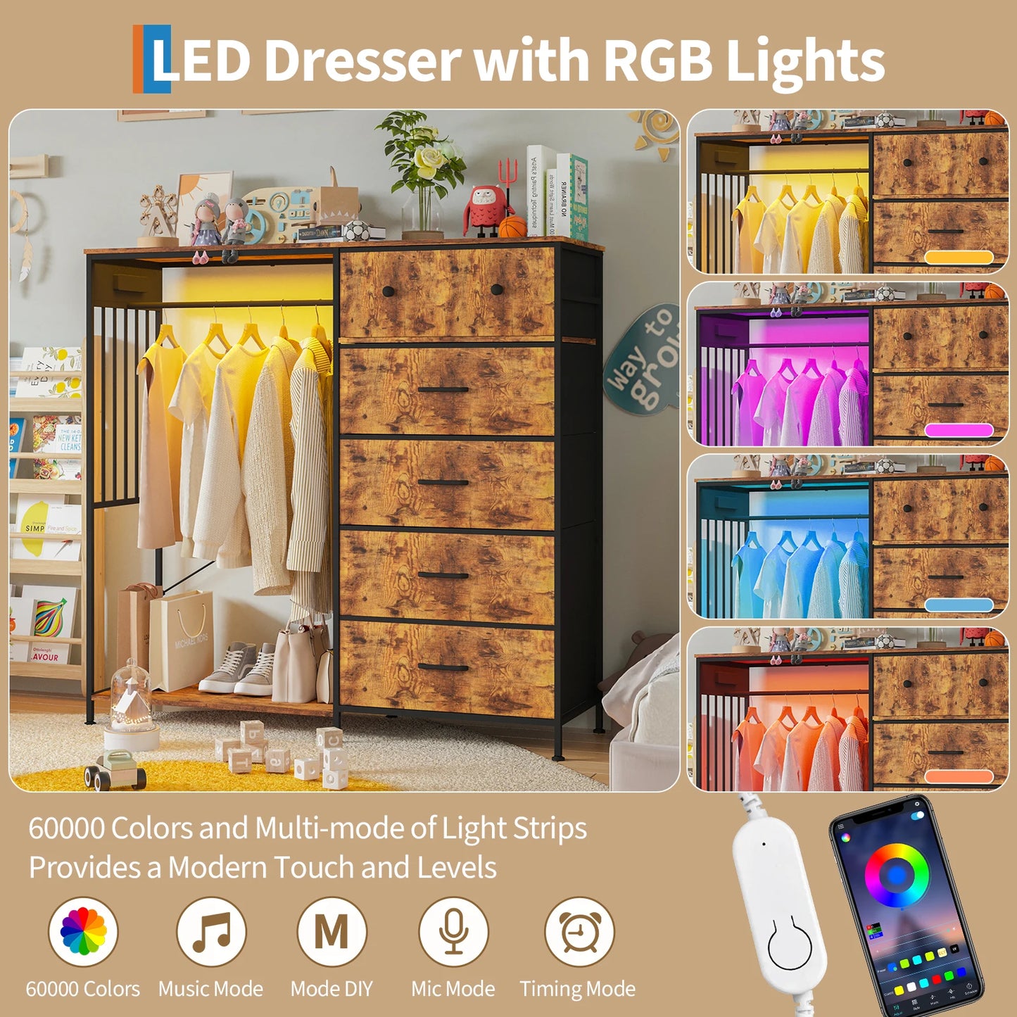 150cm Chest of Drawers, Reversible 6 Fabric Drawers Hanging Rack Dresser Closet w/LED Lights & Charging Station for Kids Bedroom