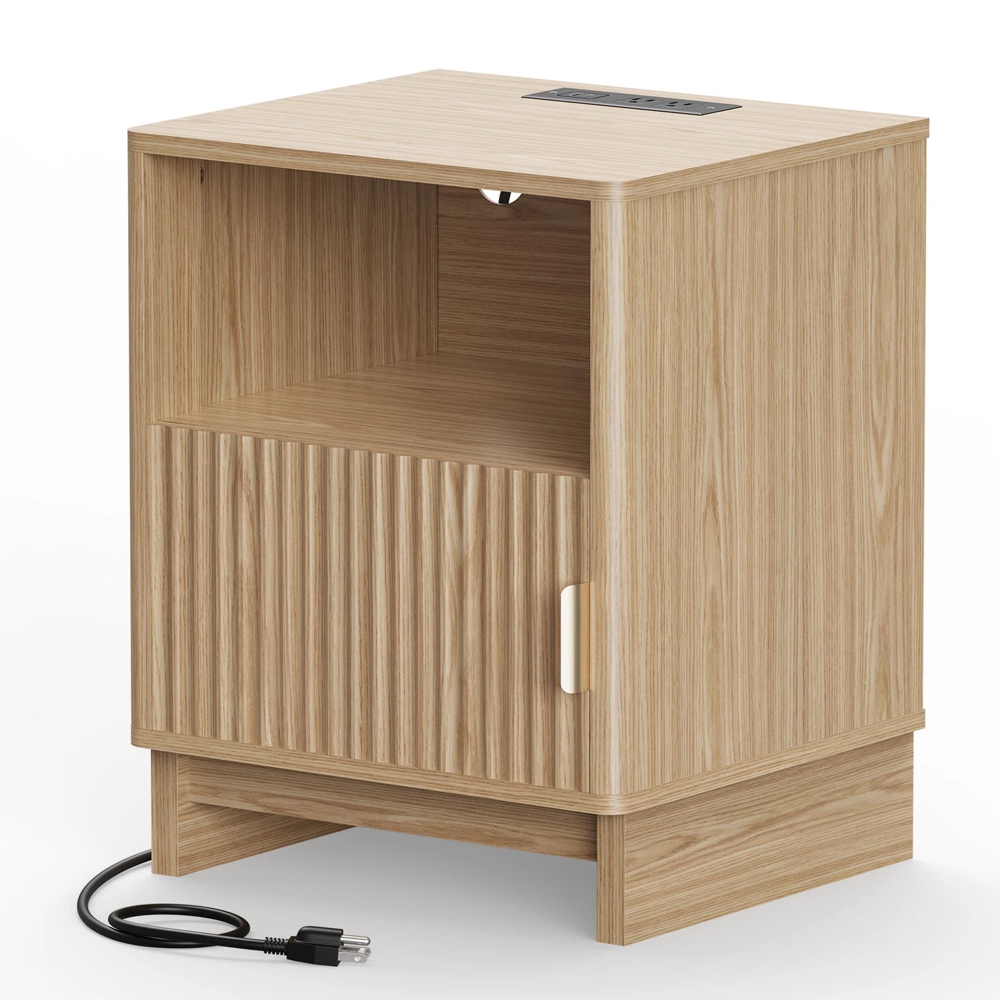 TinyNest Nightstand With Charging Station And Fluted Wood Storage