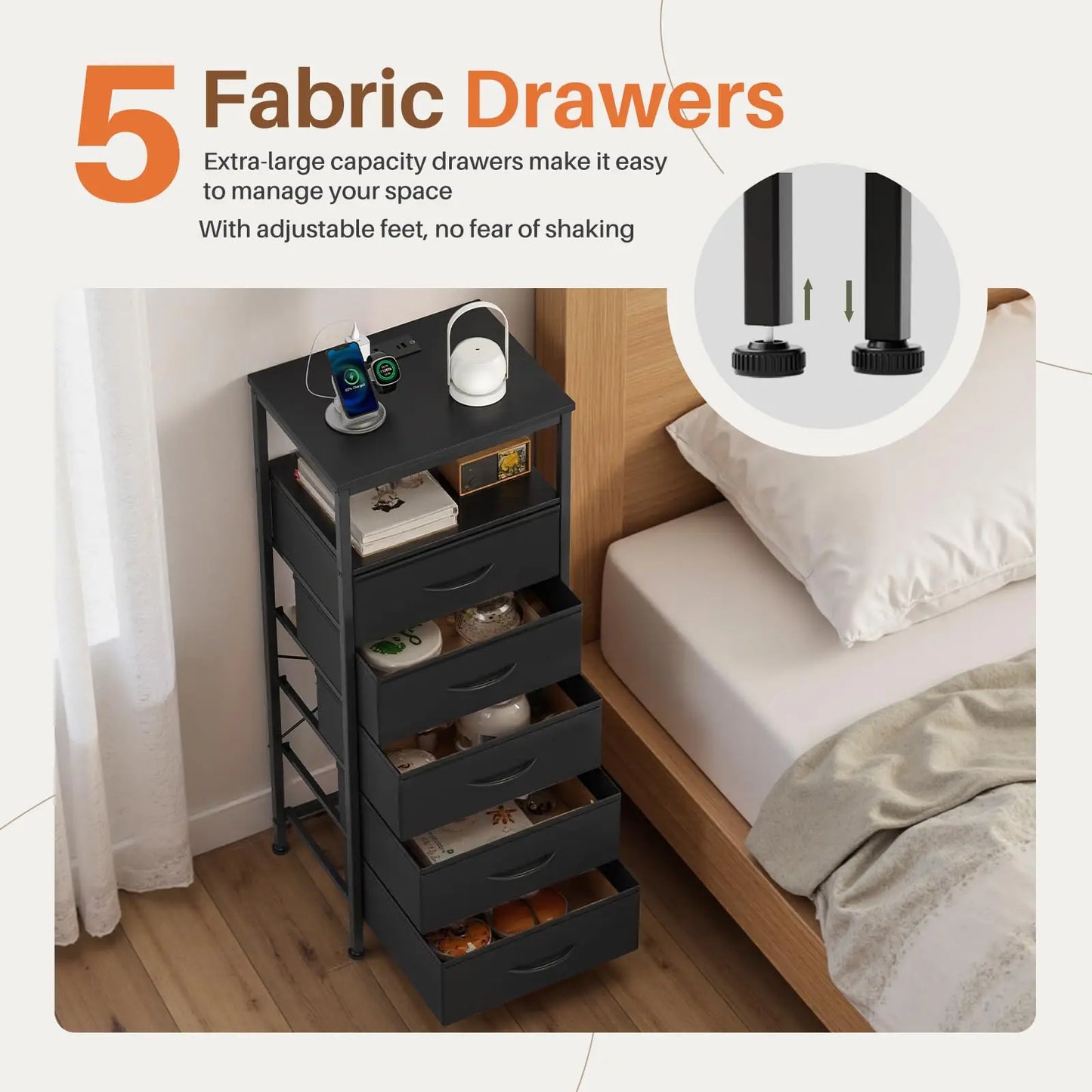 JHK Five Drawer Dresser Nightstand With Charging Station