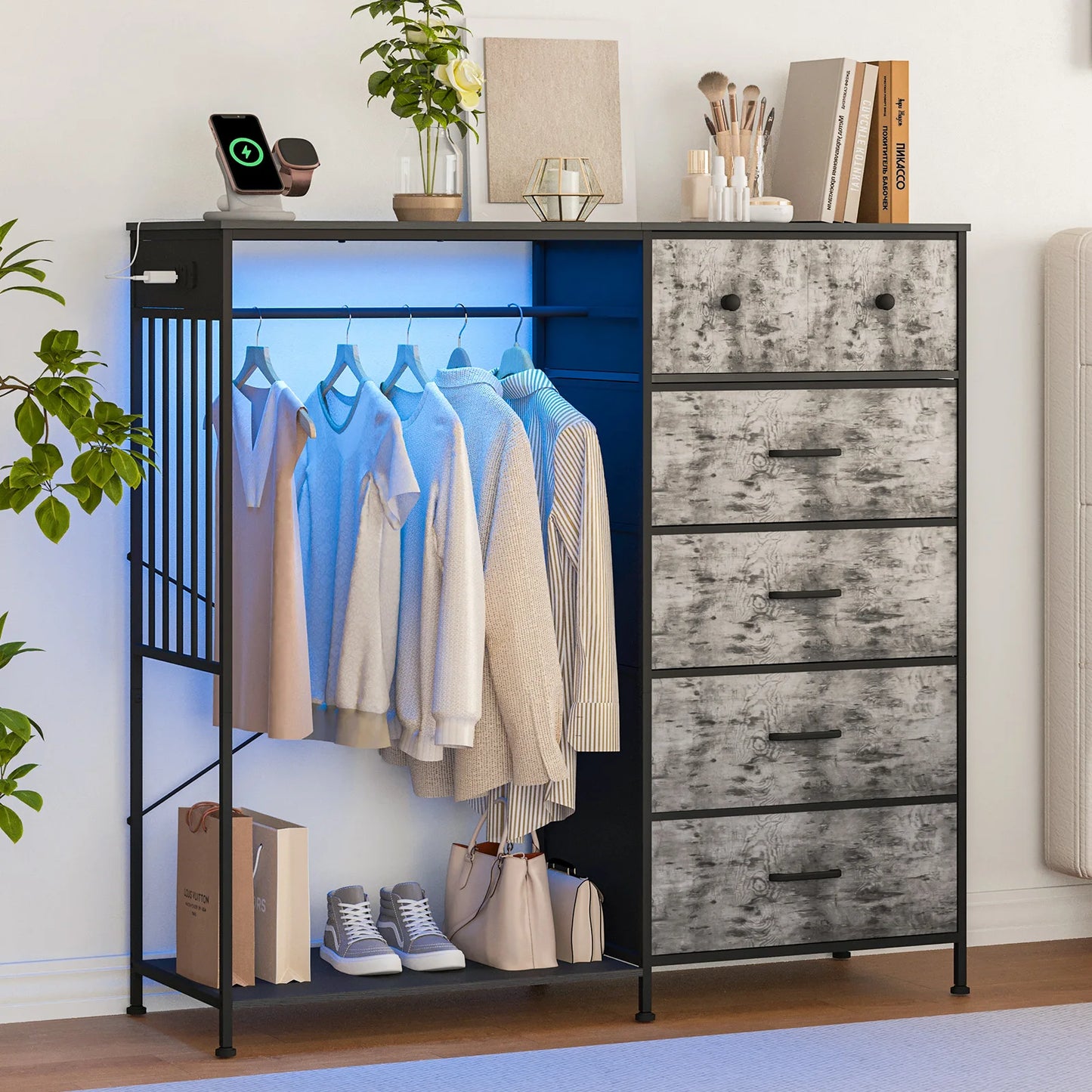 150cm Chest of Drawers, Reversible 6 Fabric Drawers Hanging Rack Dresser Closet w/LED Lights & Charging Station for Kids Bedroom