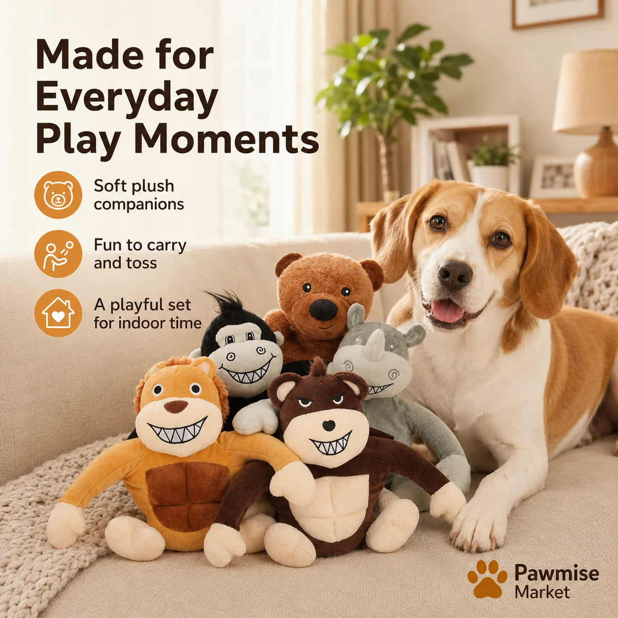 Squeaky Plush Pet Toy Set Lion Bear Rhino Monkey Chimp