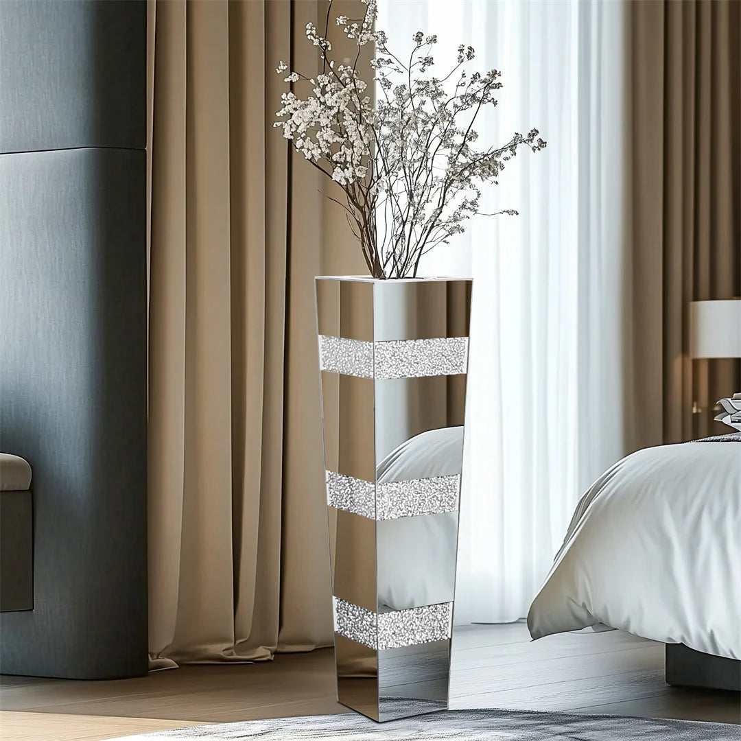 Modern Floor Vase With Crystal Accents In Mirrored Silver Finish