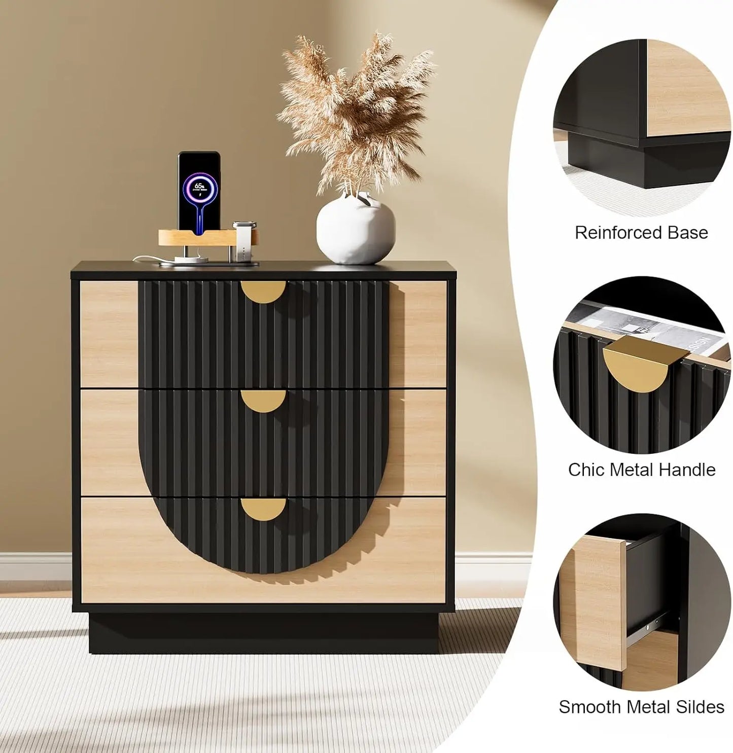 Three Drawer Nightstand With Charging Station Modern Wood Bedside Table