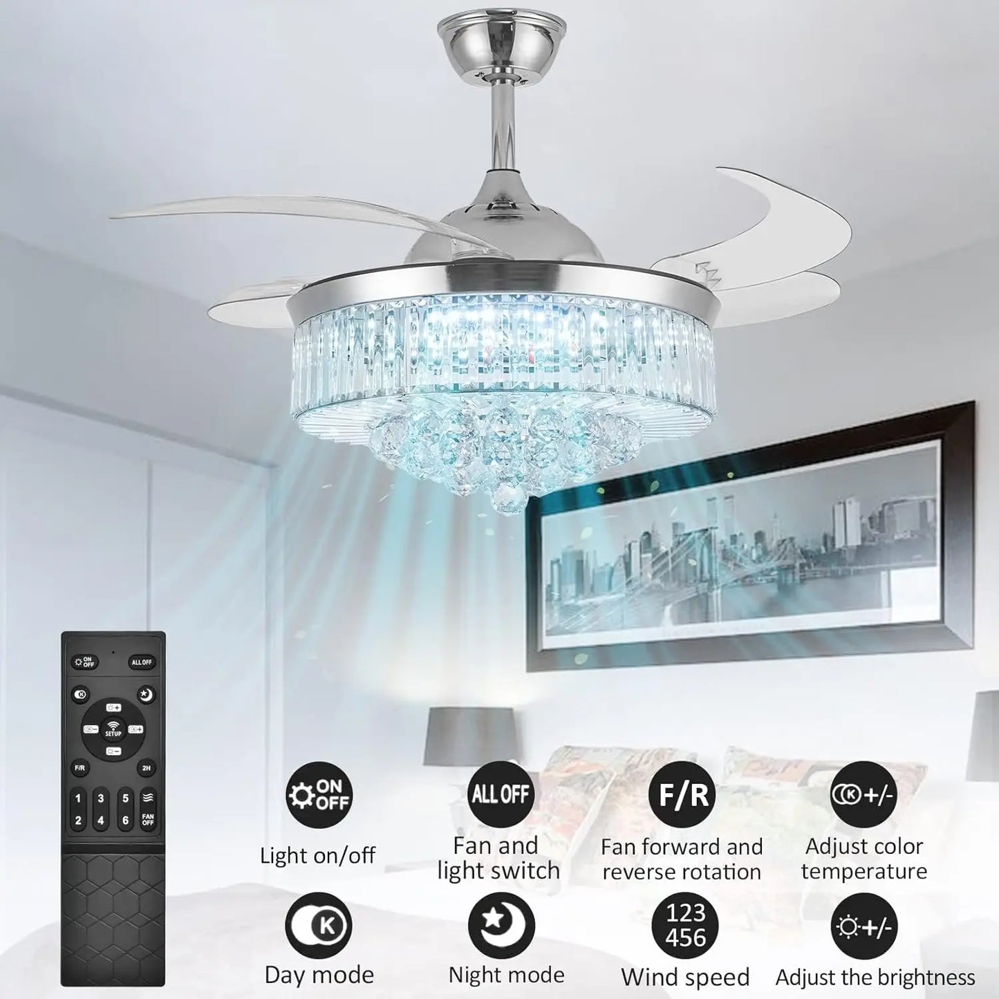 Crystal Ceiling Fan With Light And Remote Retractable Blades