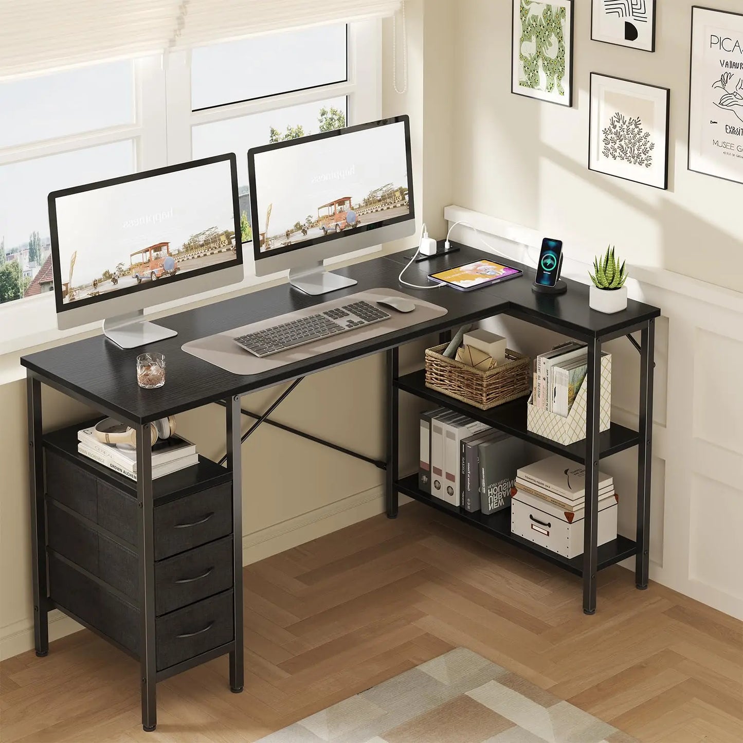 JHK L Shaped Desk with Shelf Drawers 55 Inch Corner Computer Desks Gaming with Power Outlet Adjustable Shelves Home Office Table