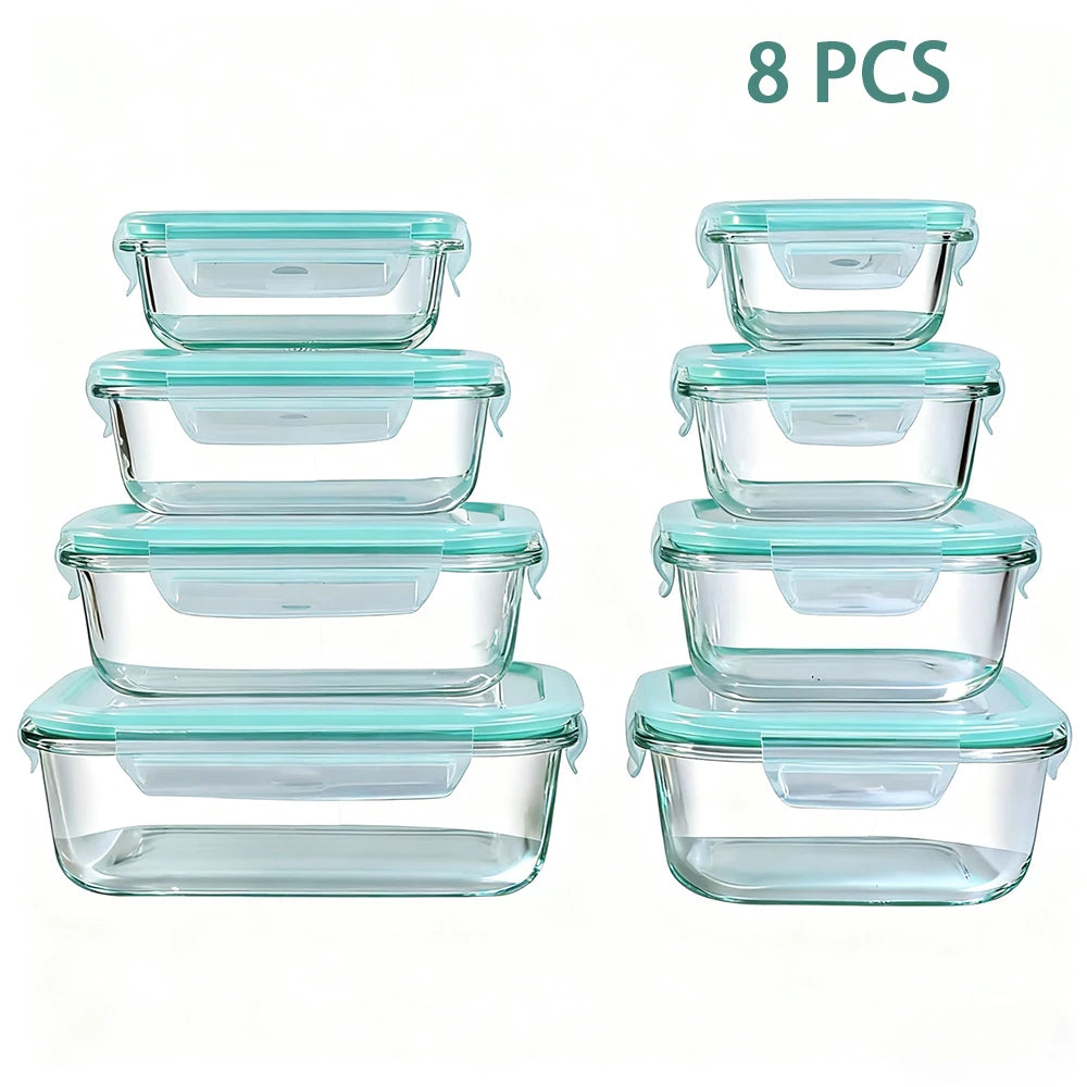 8pcs Glass Food Storage Containers Set Lunch Box Leakproof Airtight Microwave & Oven Safe Stackable Kitchen Organizers