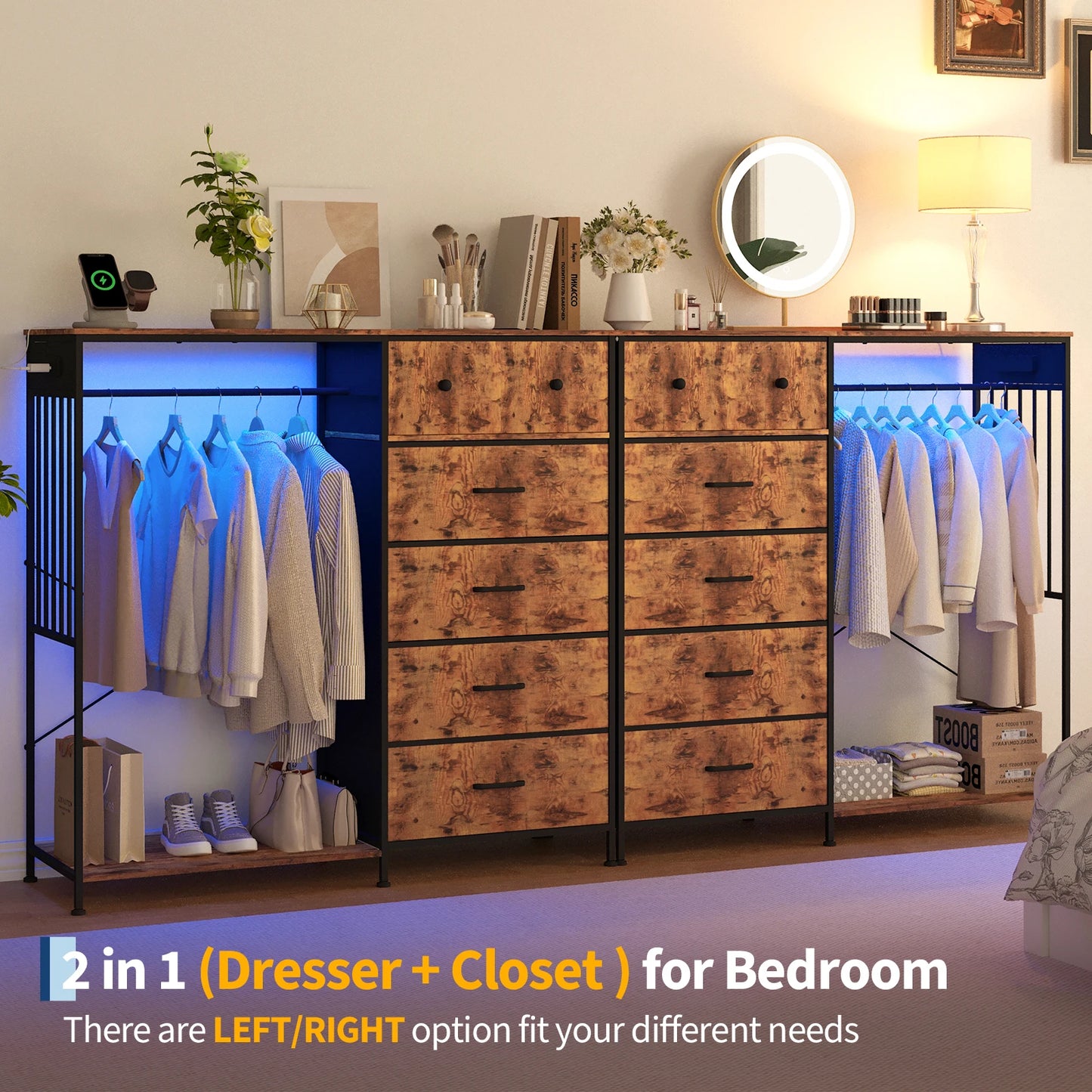 150cm Chest of Drawers, Reversible 6 Fabric Drawers Hanging Rack Dresser Closet w/LED Lights & Charging Station for Kids Bedroom