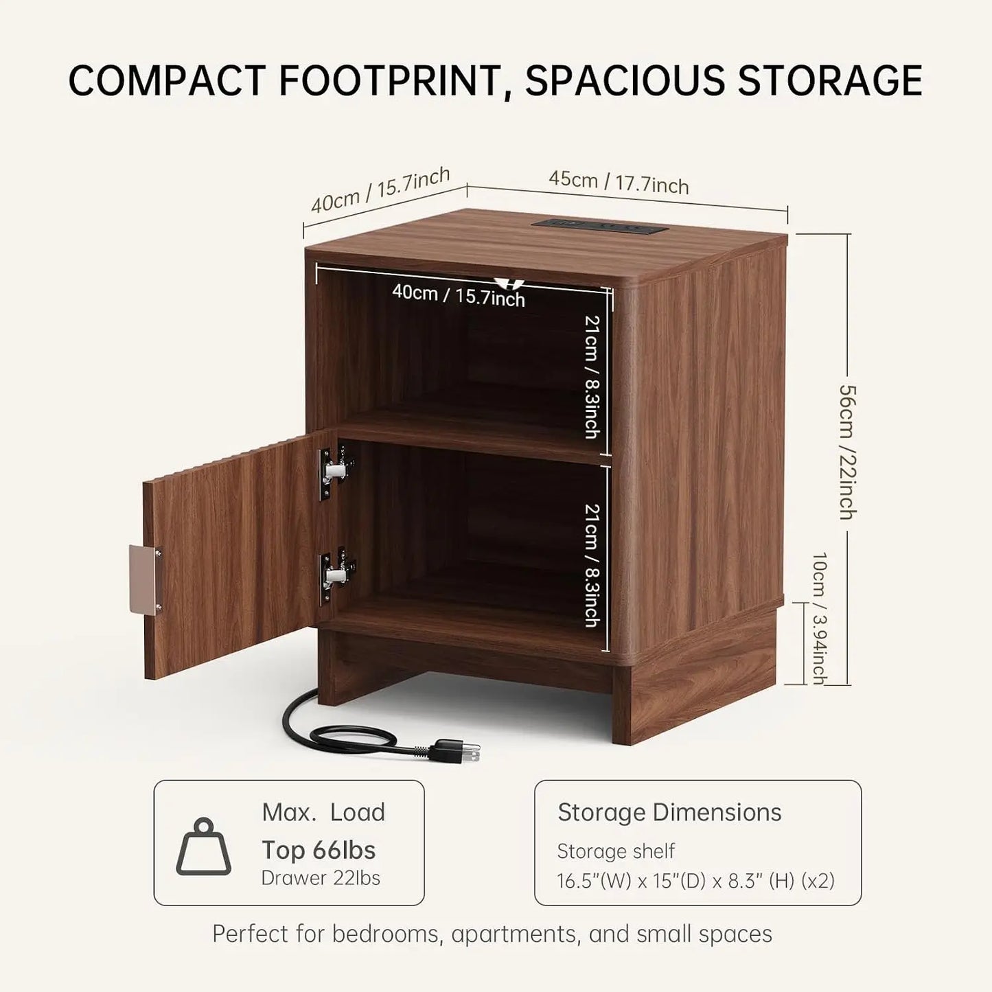 TinyNest Nightstand With Charging Station And Fluted Wood Storage