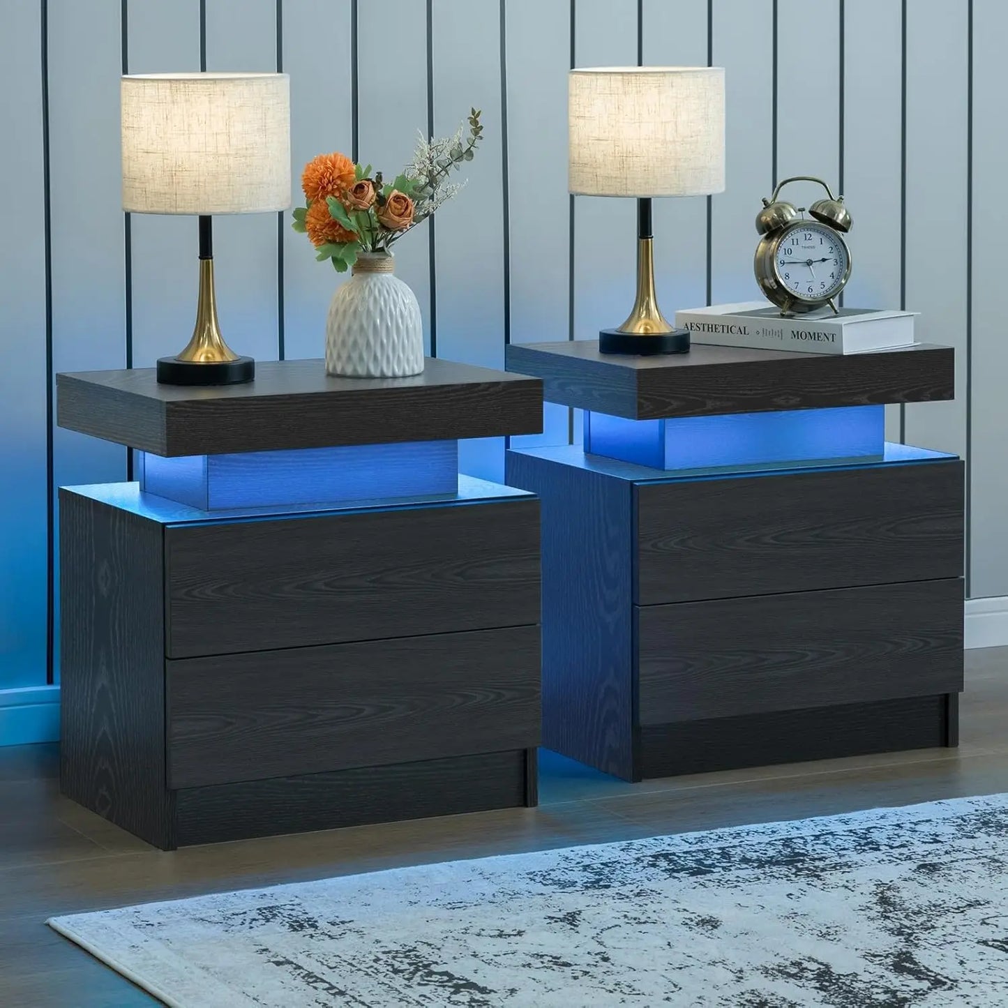 Cubehom LED Nightstand Set of 2 With Drawers Bedside Tables