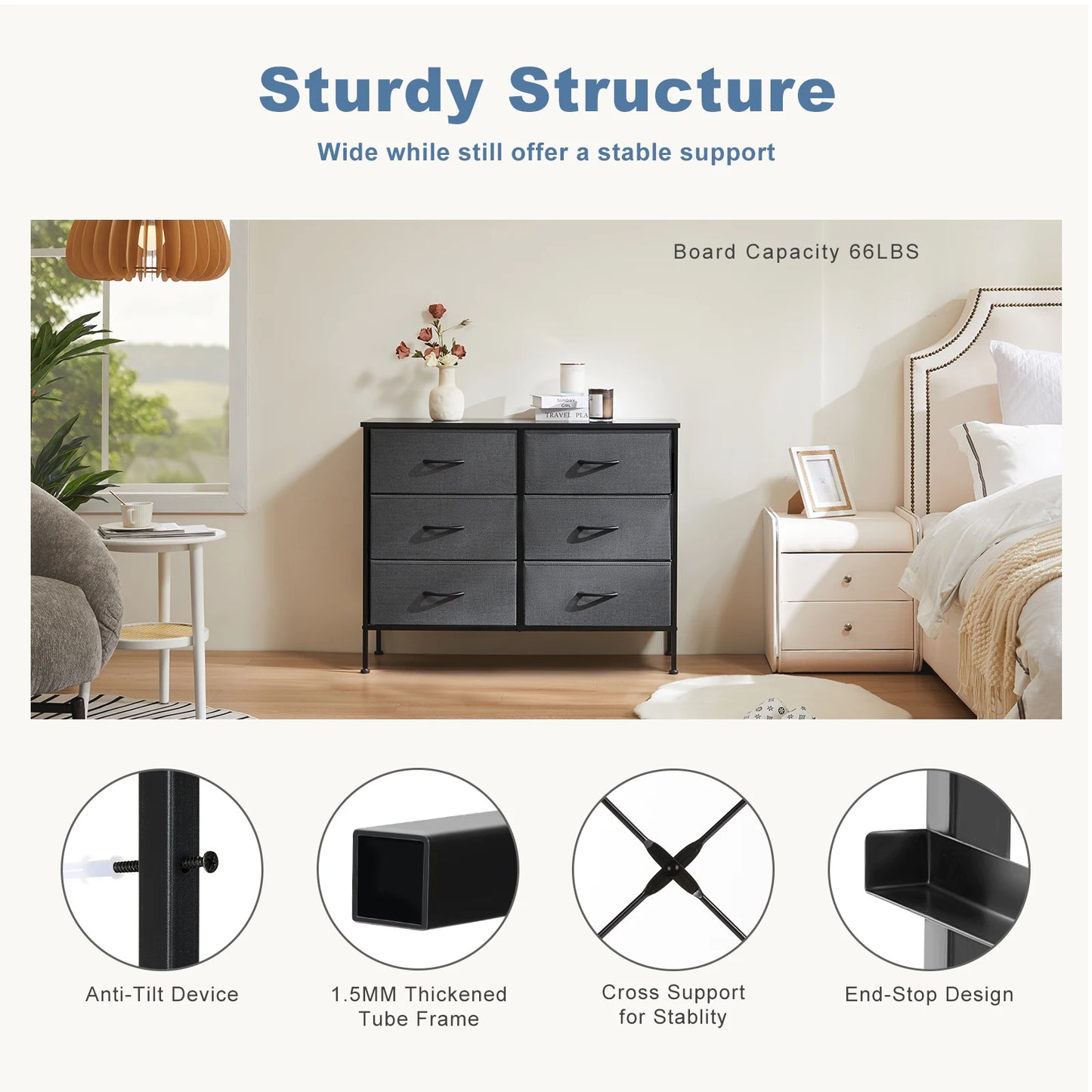 JHK 6 Drawer Fabric Nightstand With Storage Organizer Cabinet