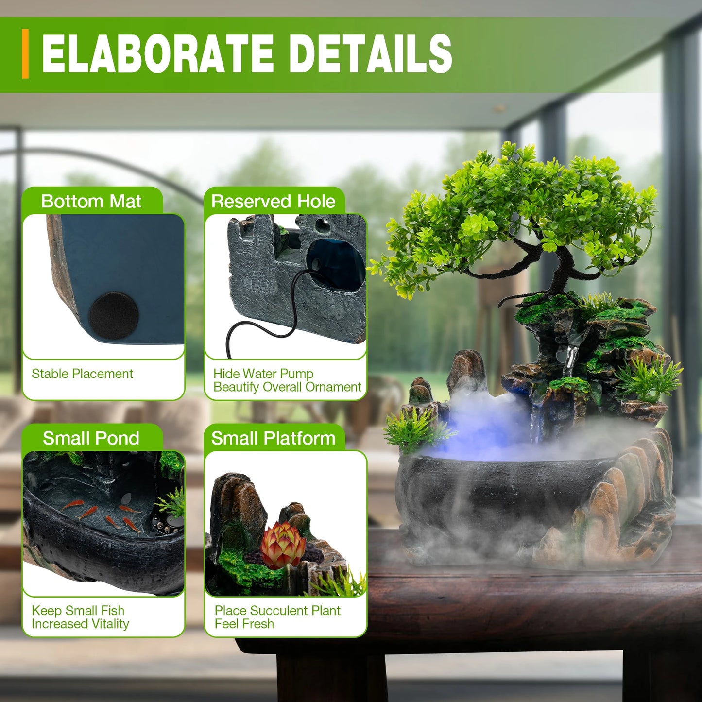 Indoor Tabletop Water Fountain With LED Lights Atomizer And Pump