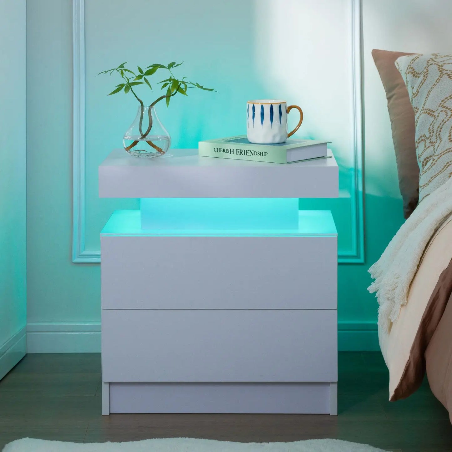 Cubehom LED Nightstand Set of 2 With Drawers Bedside Tables