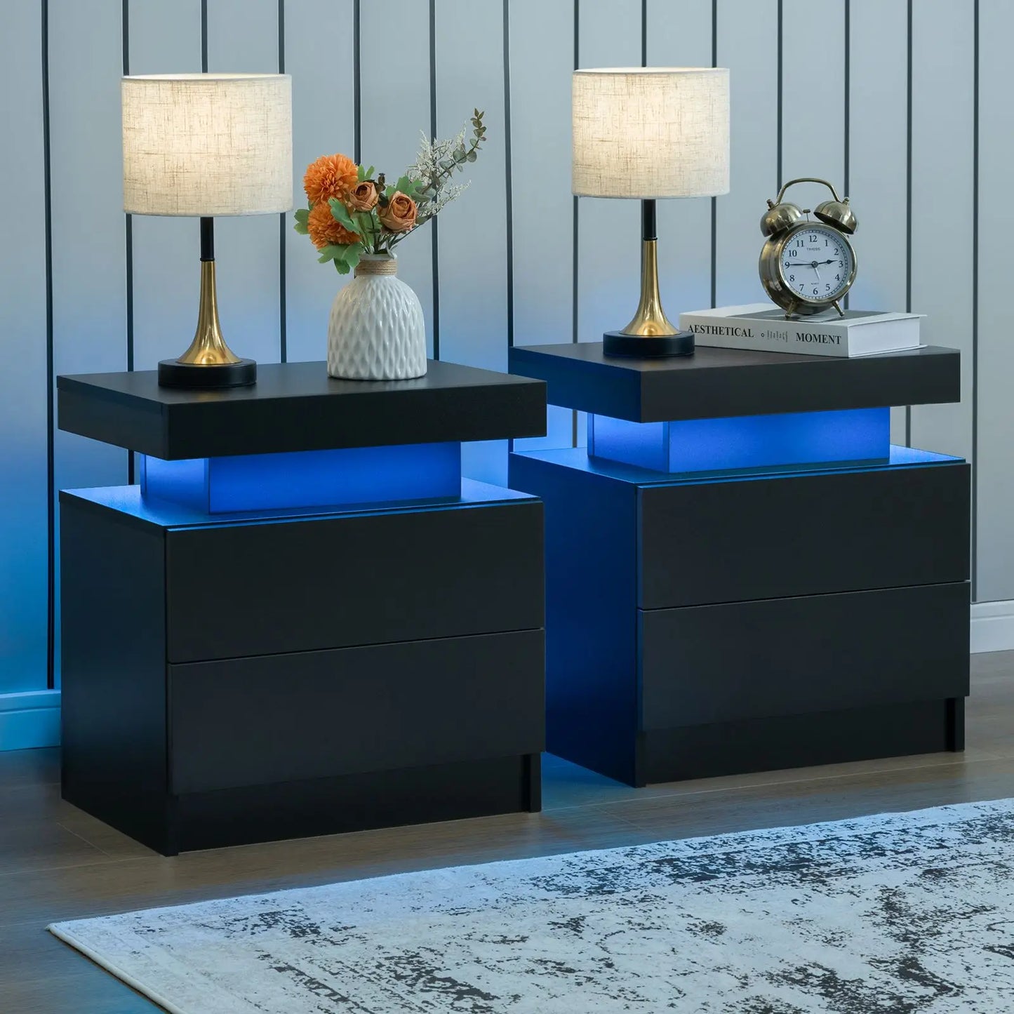 Cubehom LED Nightstand Set of 2 With Drawers Bedside Tables