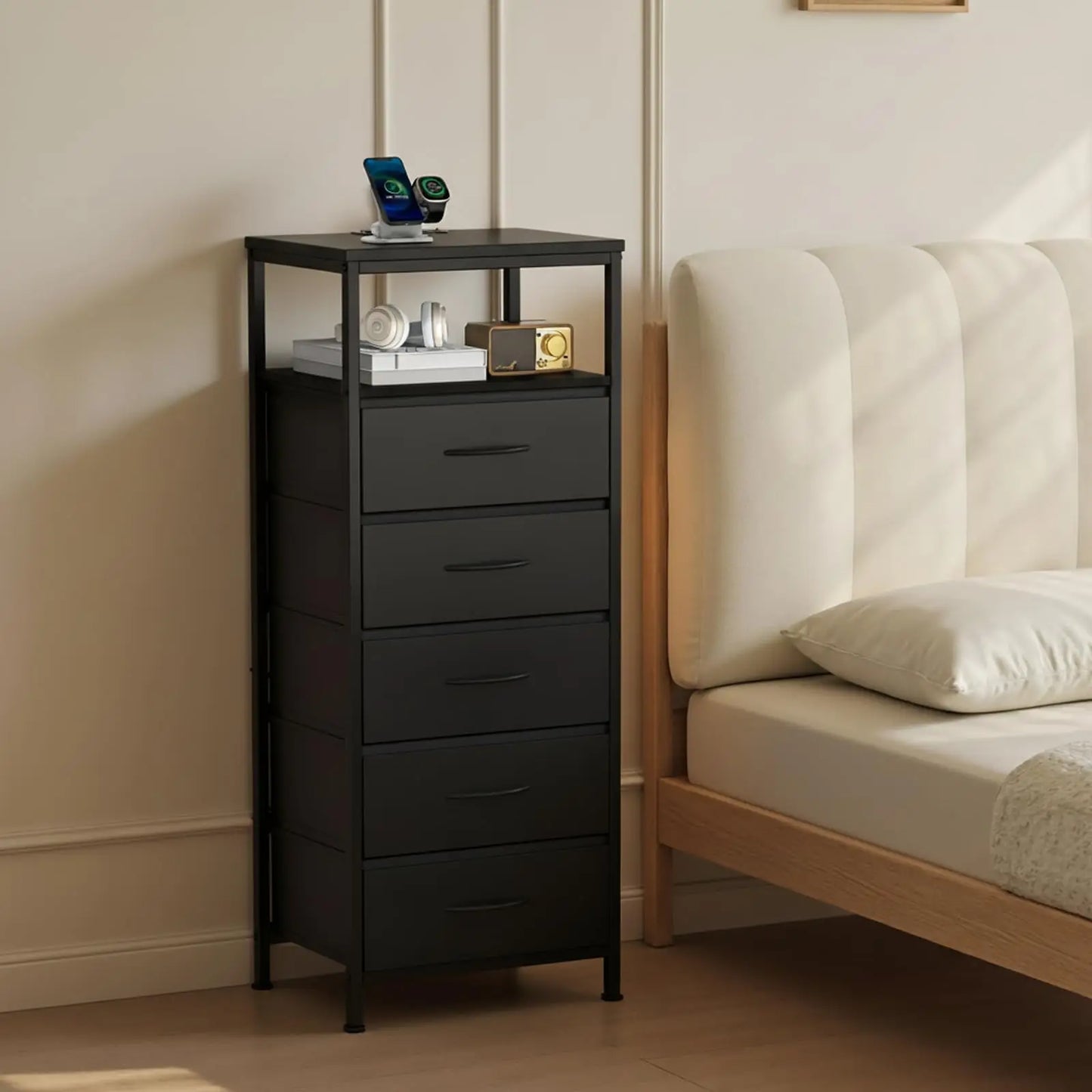 JHK Five Drawer Dresser Nightstand With Charging Station