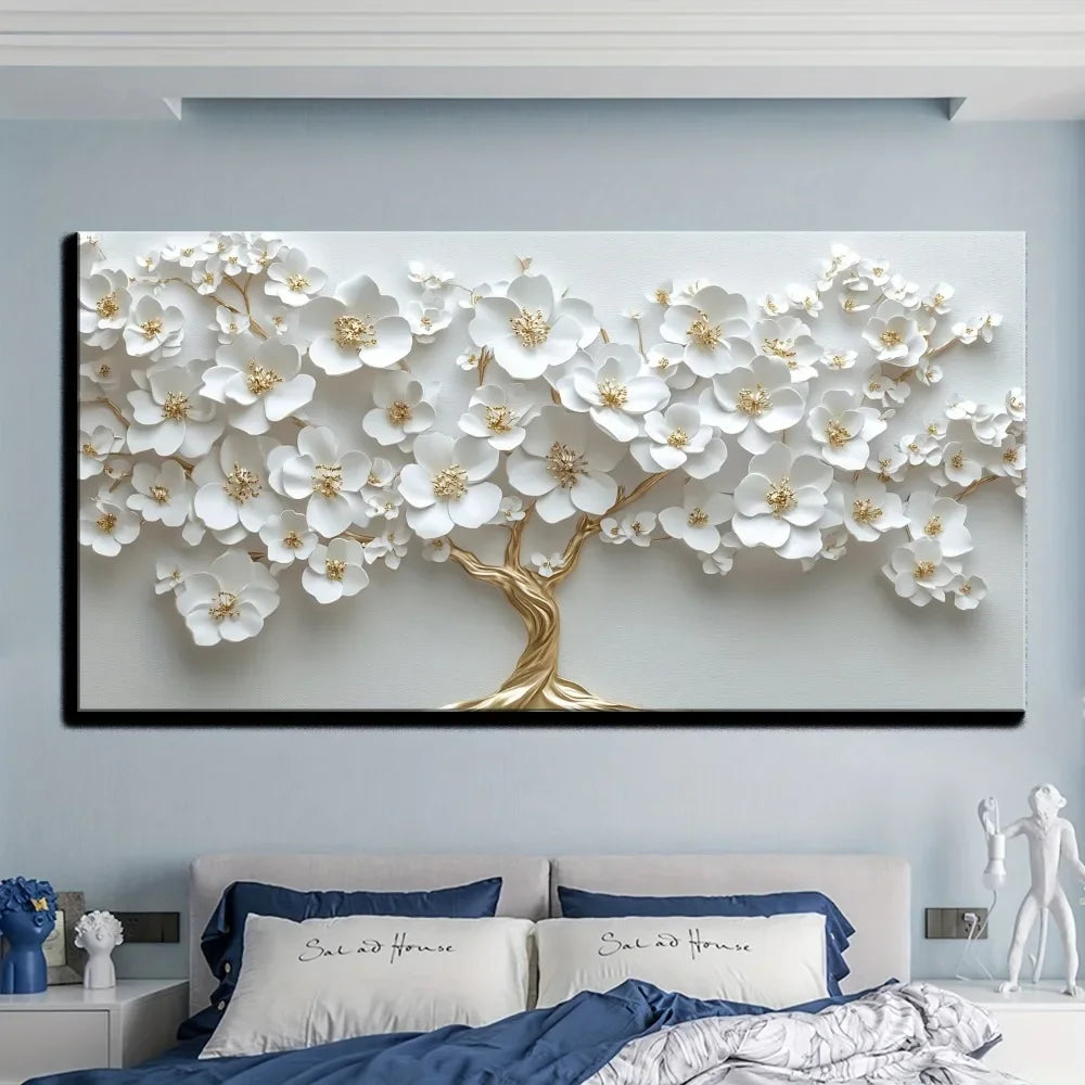 1 Nordic white flower oil painting on canvas, Modern art Deco wall painting 1.5 inch thick pine solid wood frame