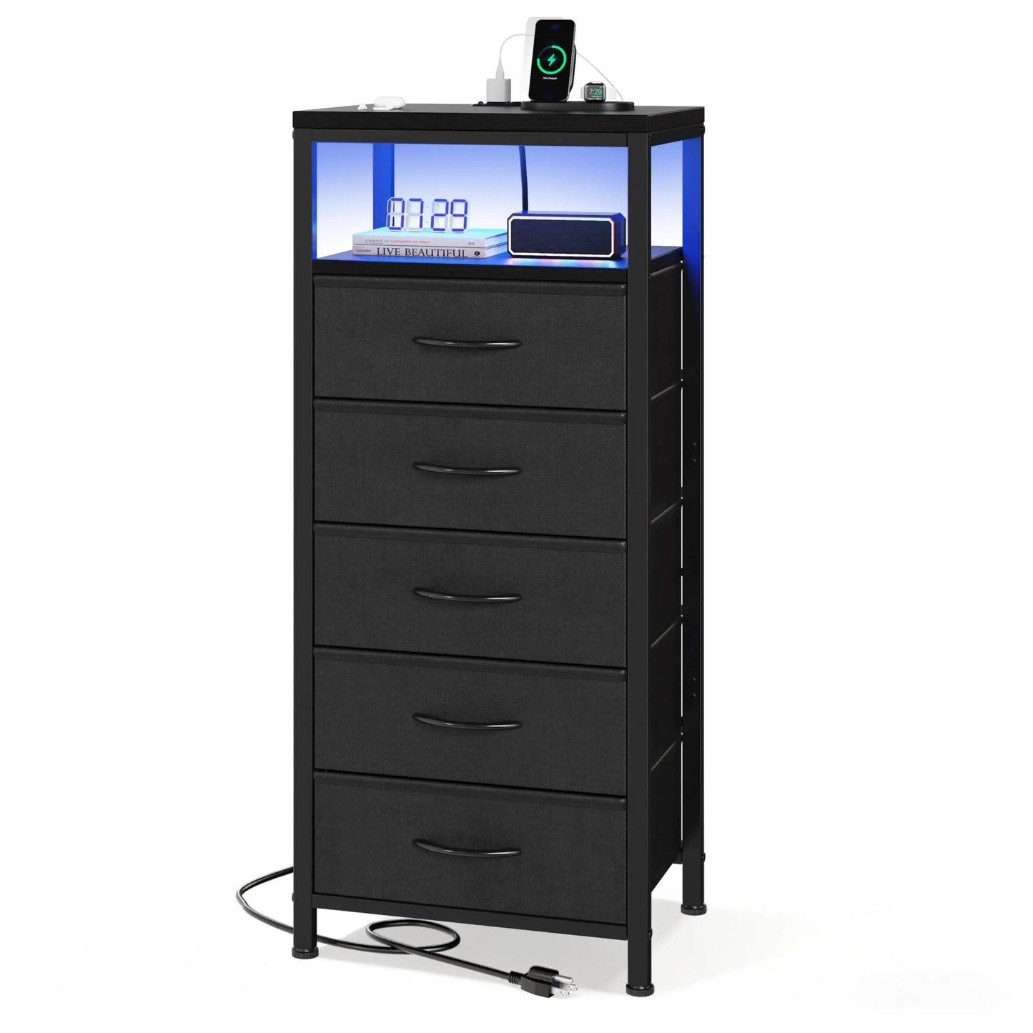 JHK Five Drawer Dresser Nightstand With Charging Station