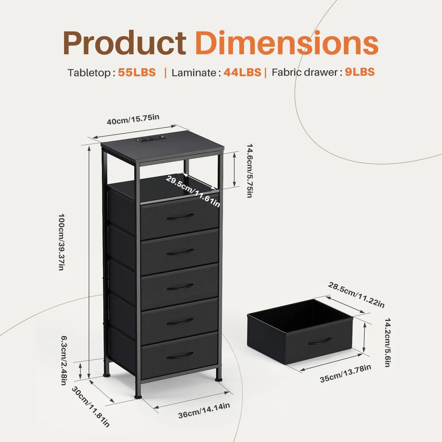 JHK Five Drawer Dresser Nightstand With Charging Station