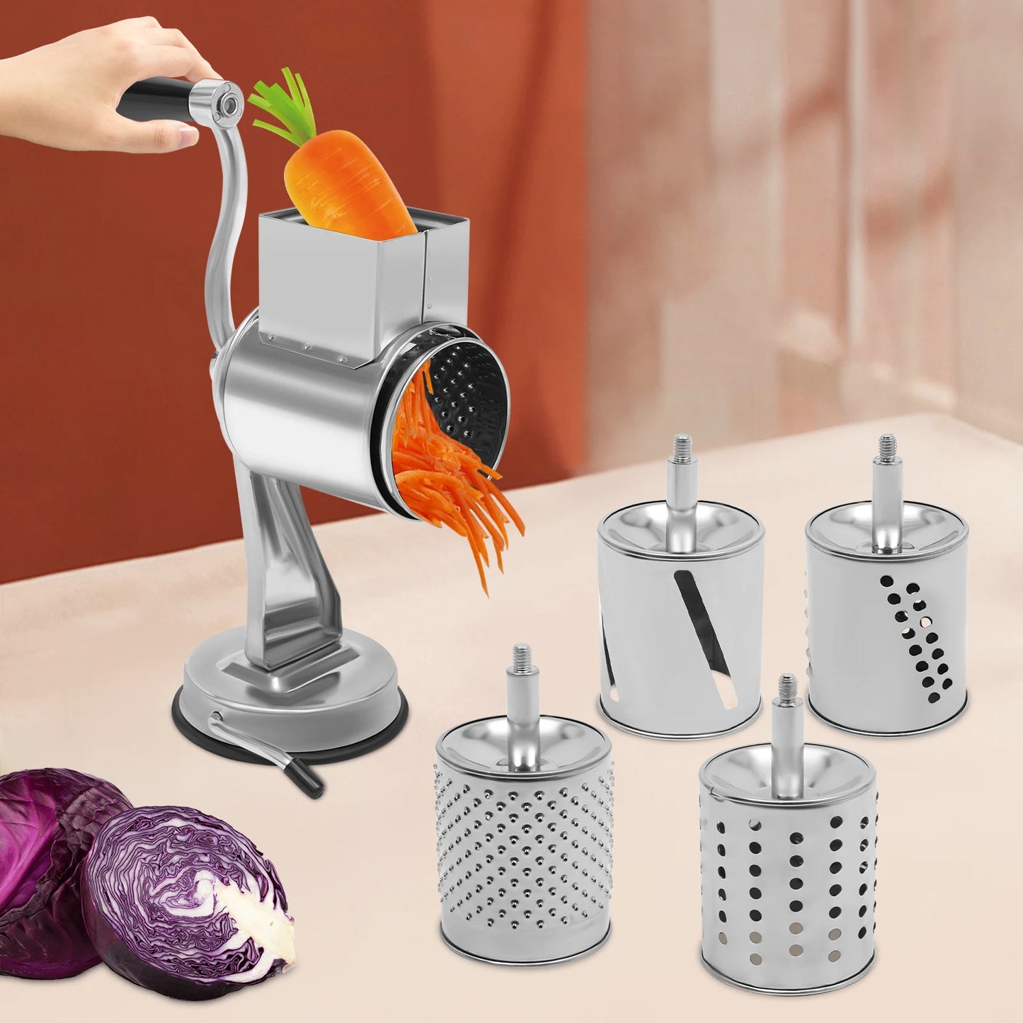 Rotary Grater With Five Stainless Steel Blades Vegetable Shredder