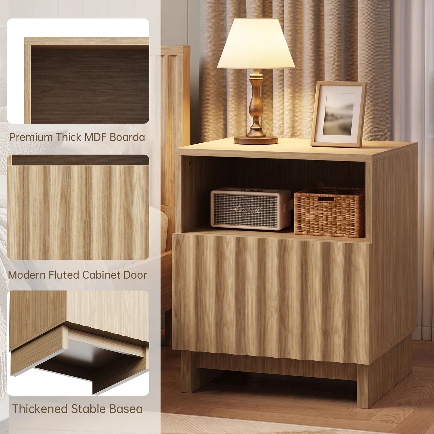 TinyNest Fluted Wood Nightstand With Storage Drawers And Open Shelf