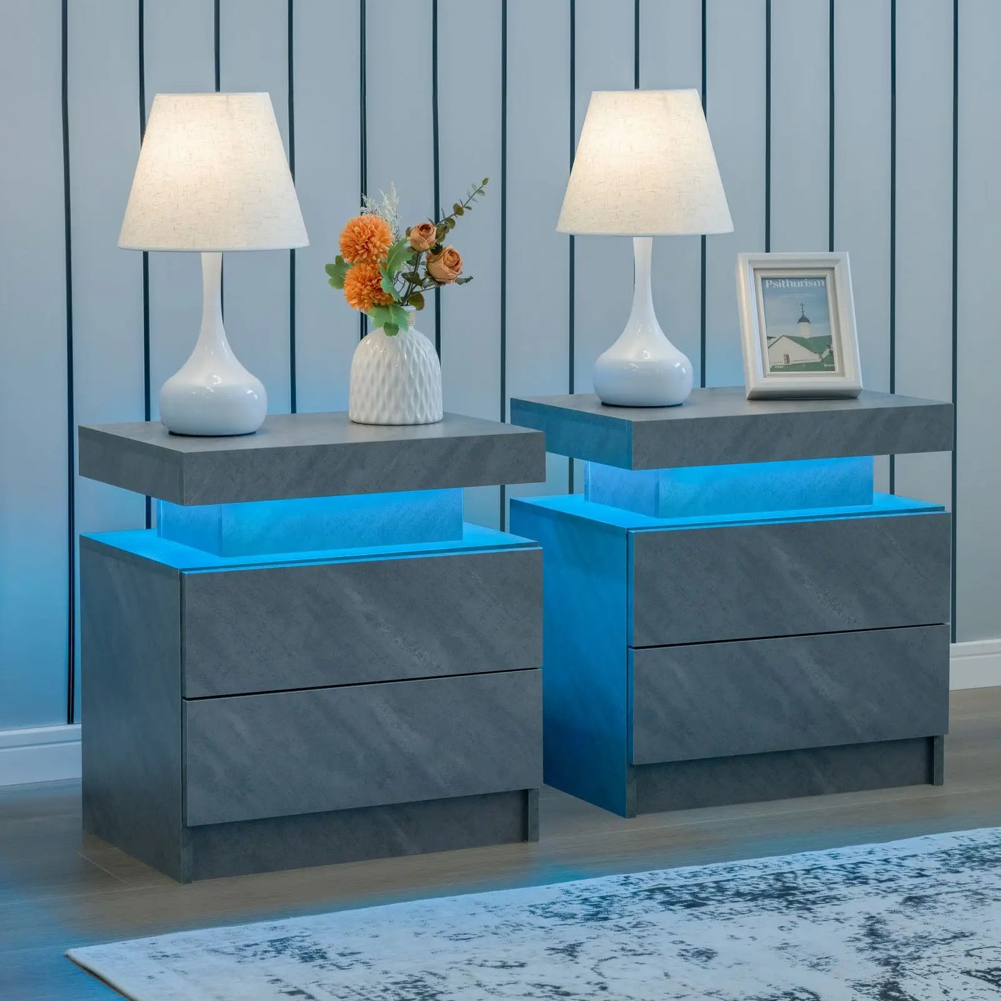 Cubehom LED Nightstand Set of 2 With Drawers Bedside Tables