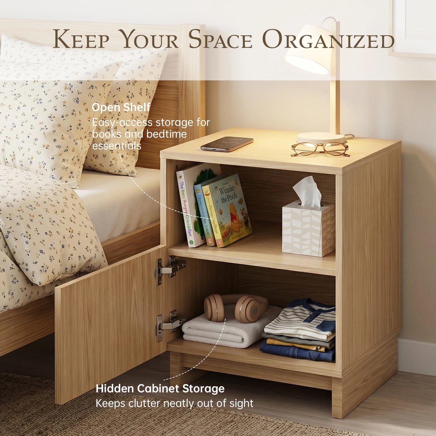 TinyNest Fluted Wood Nightstand With Storage Drawers And Open Shelf