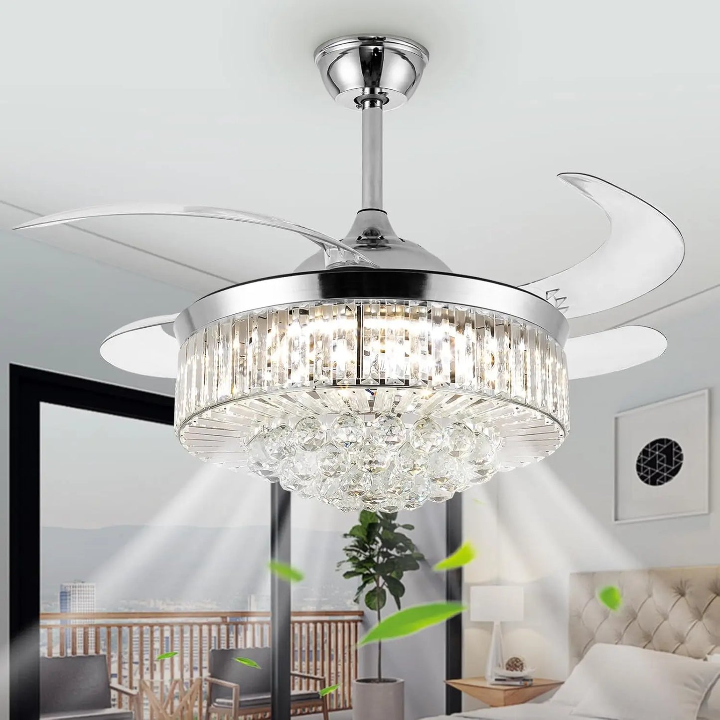 Crystal Ceiling Fan With Light And Remote Retractable Blades