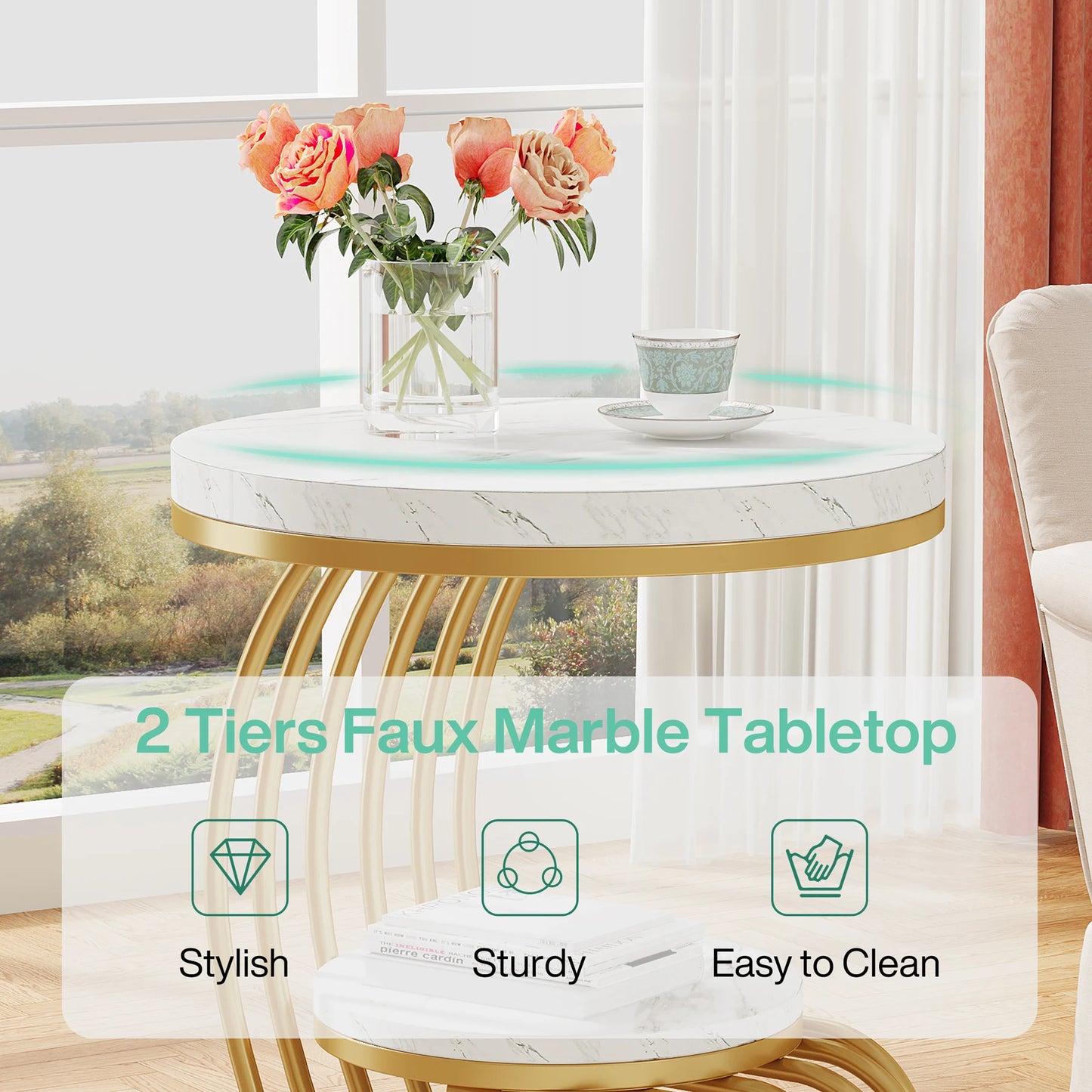 Tribesigns Round End Table Two Tiers Faux Marble Storage Shelf