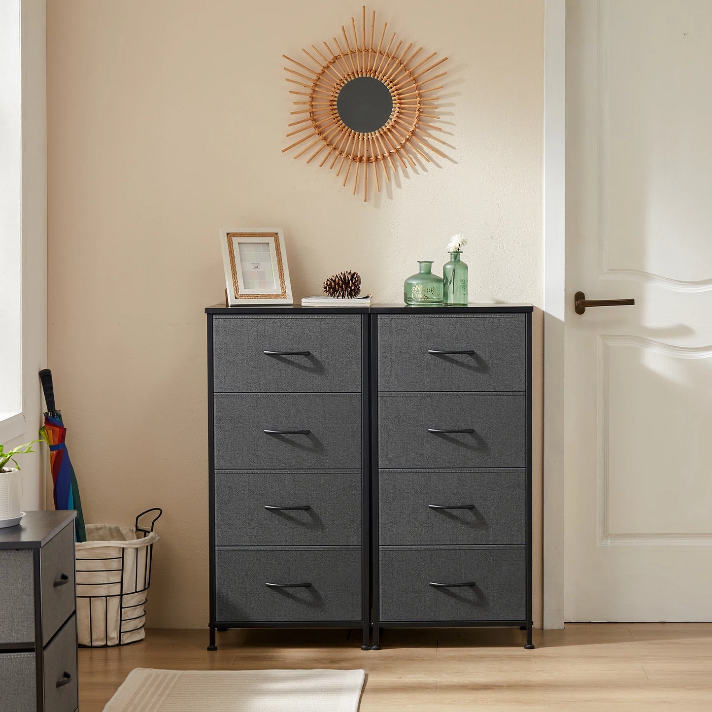 JHK Dresser With Four Fabric Drawers Nightstand Wardrobe Steel Frame