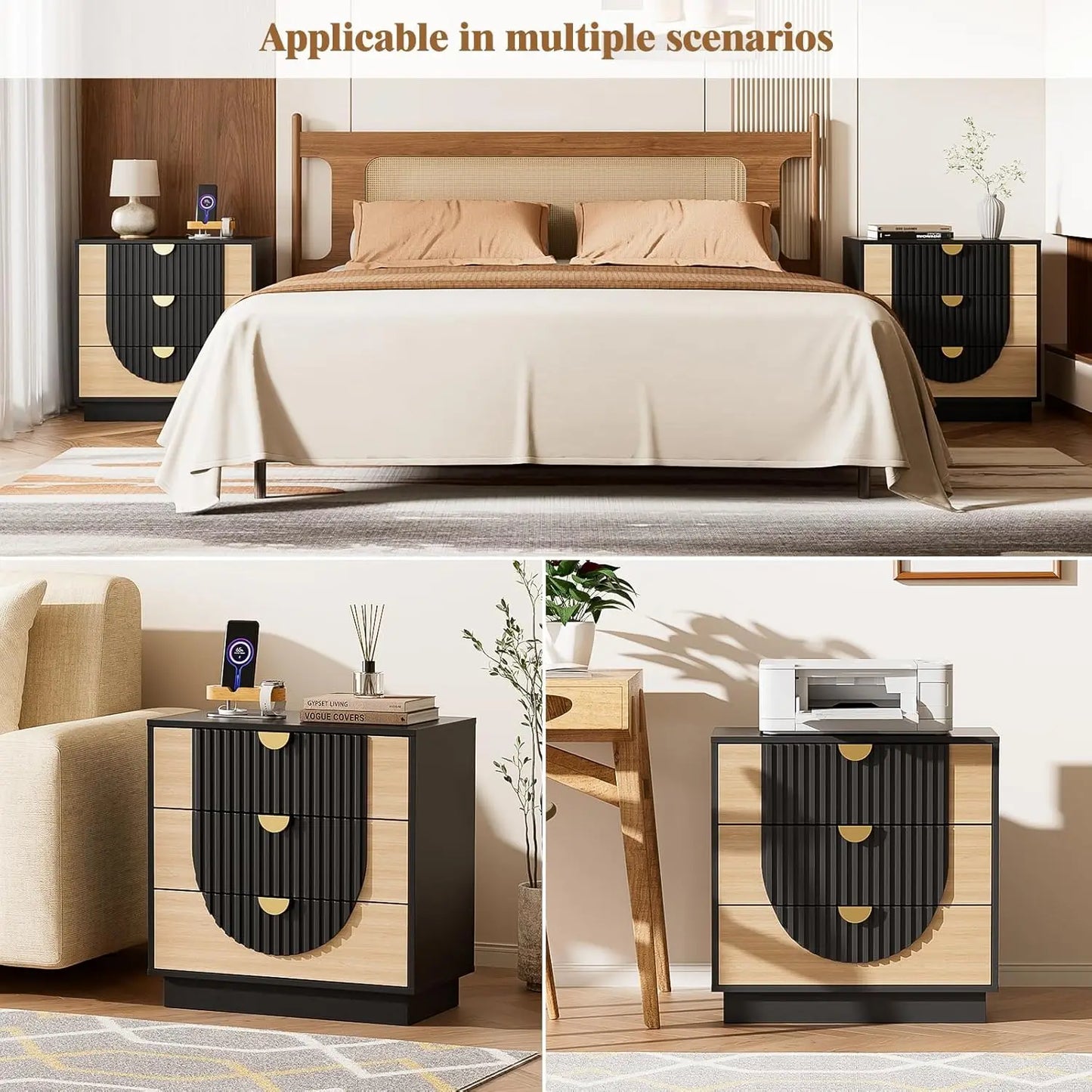 Three Drawer Nightstand With Charging Station Modern Wood Bedside Table