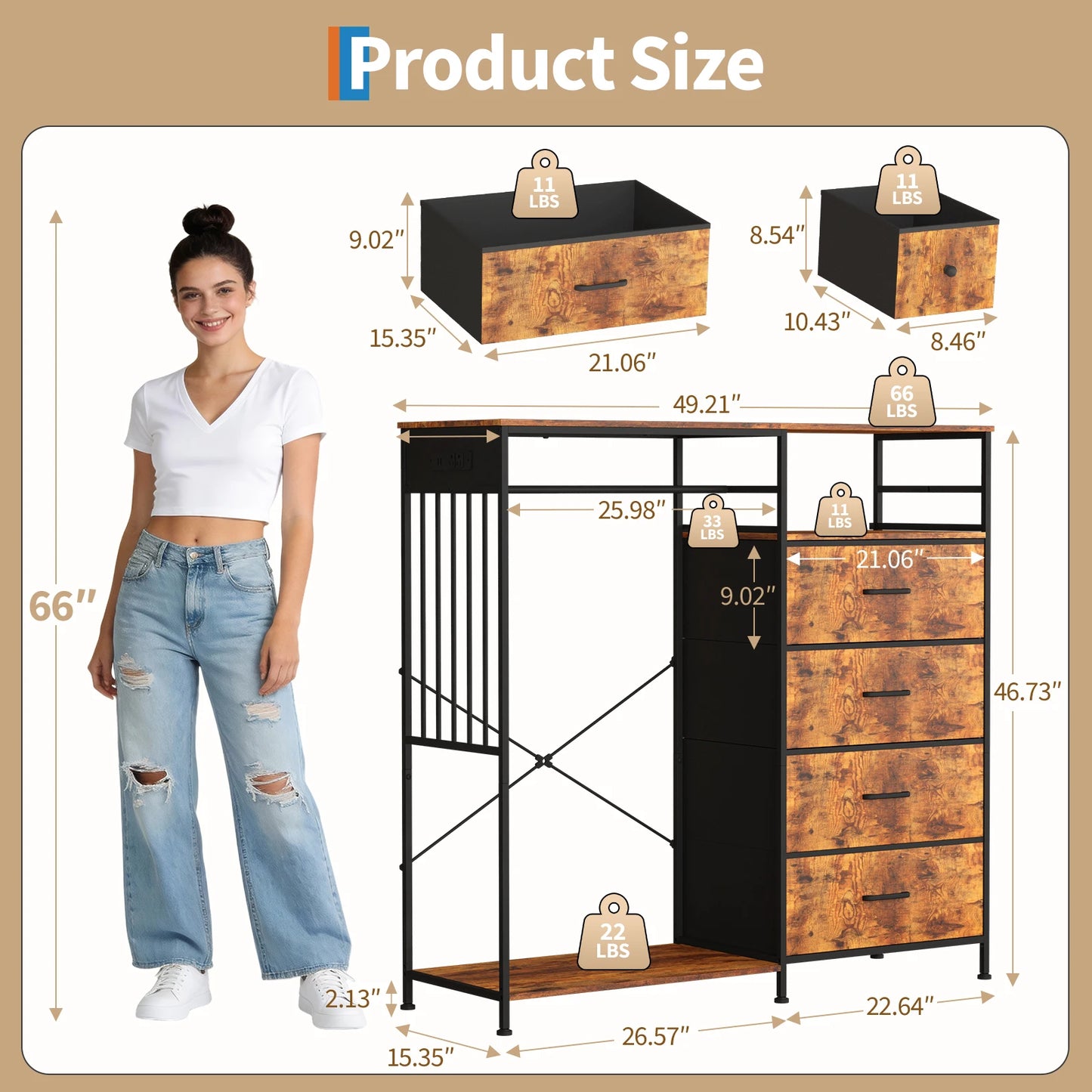 150cm Chest of Drawers, Reversible 6 Fabric Drawers Hanging Rack Dresser Closet w/LED Lights & Charging Station for Kids Bedroom