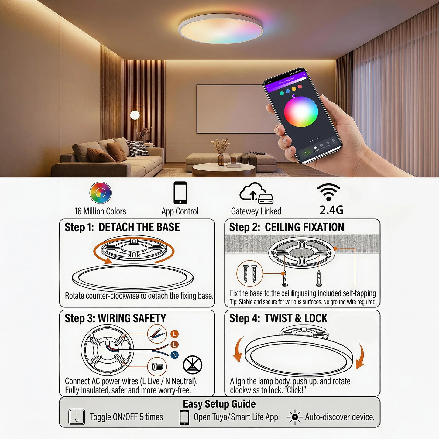 Tuaaryii Smart RGB Ceiling Light With App And Voice Control