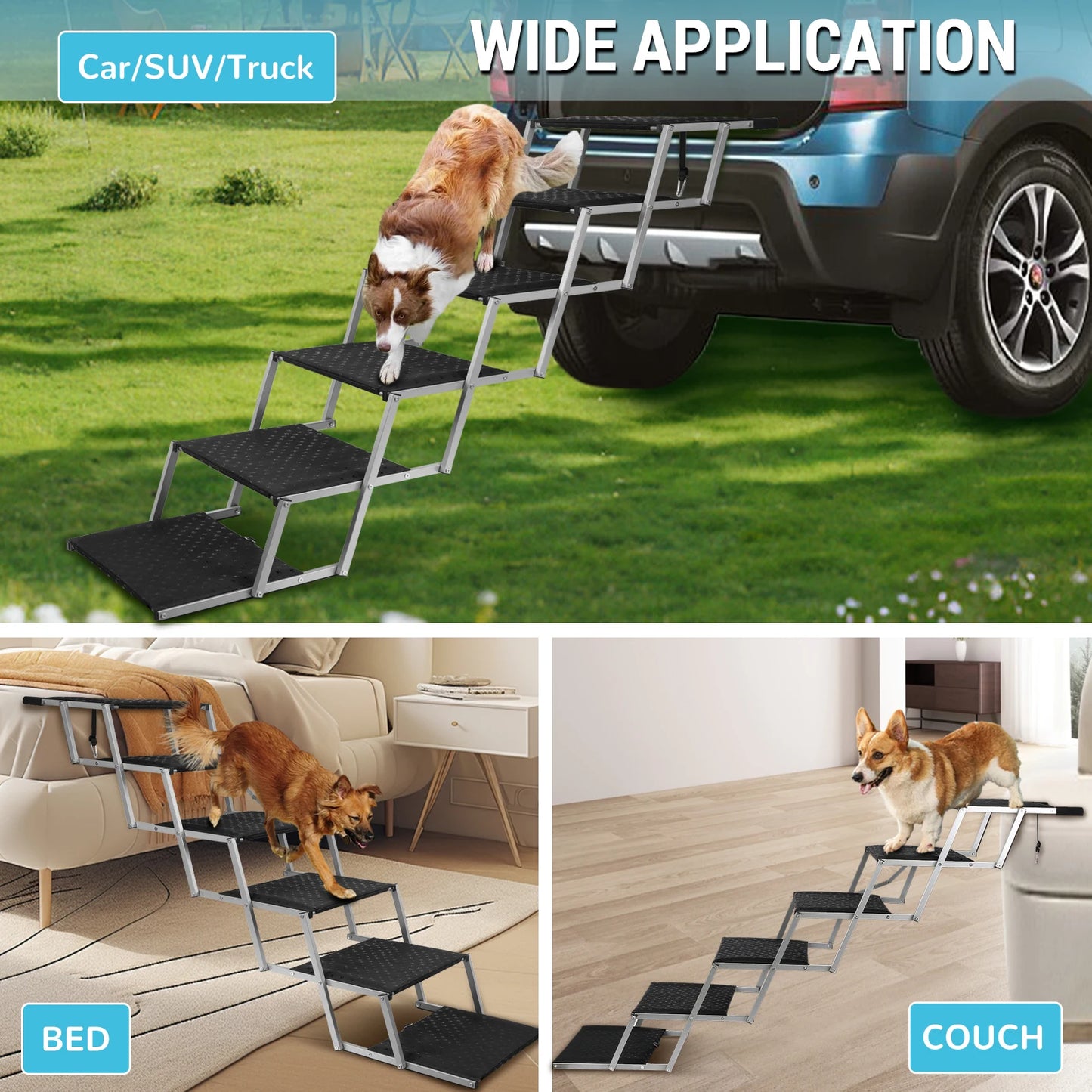 Adjustable Foldable Dog Stairs Set For Cars, SUVs Stainless-Steel