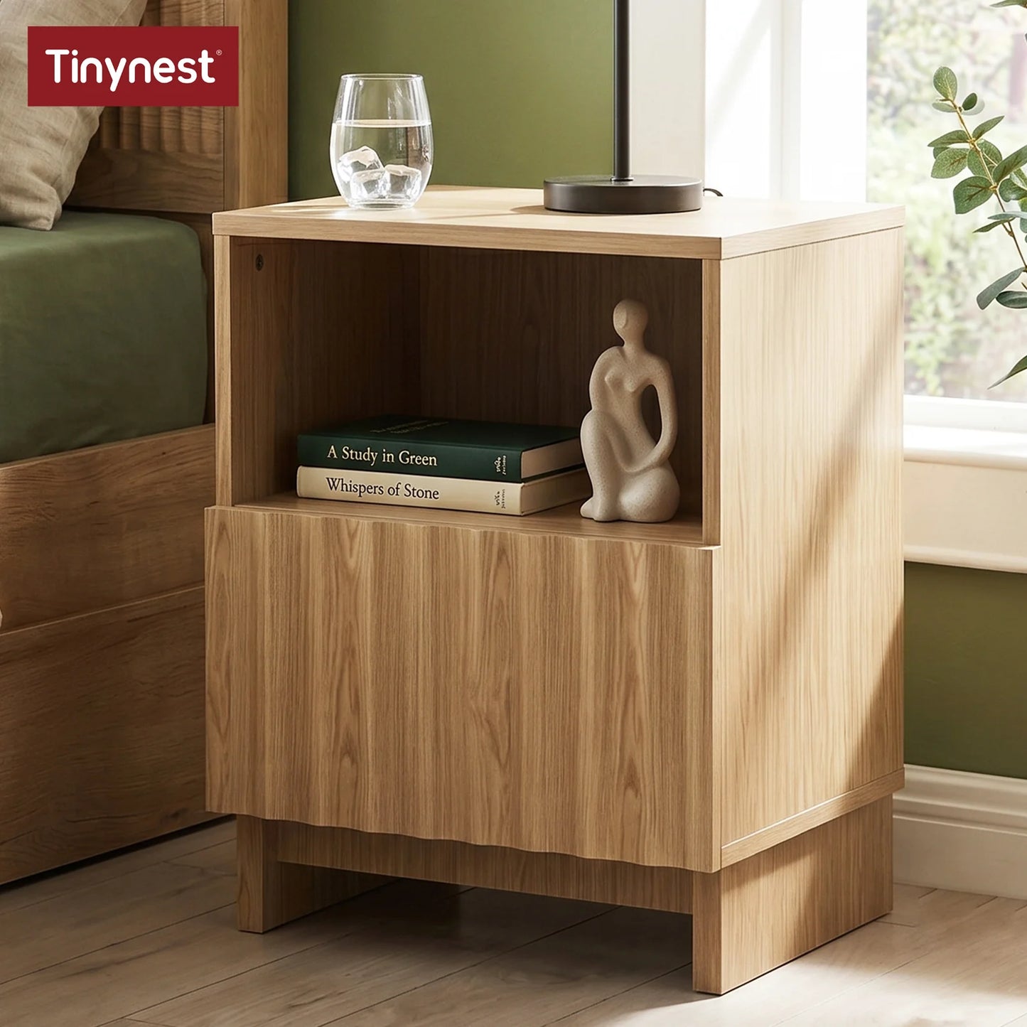 TinyNest Fluted Wood Nightstand With Storage Drawers And Open Shelf