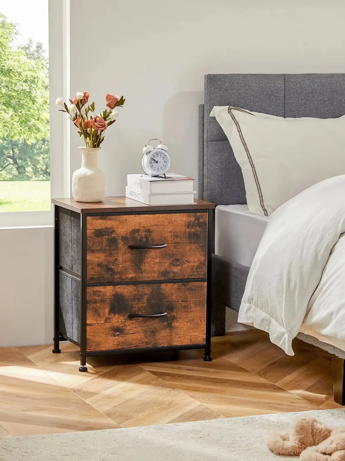 JHK Nightstand Bedside Table With Storage Drawers And Cabinet