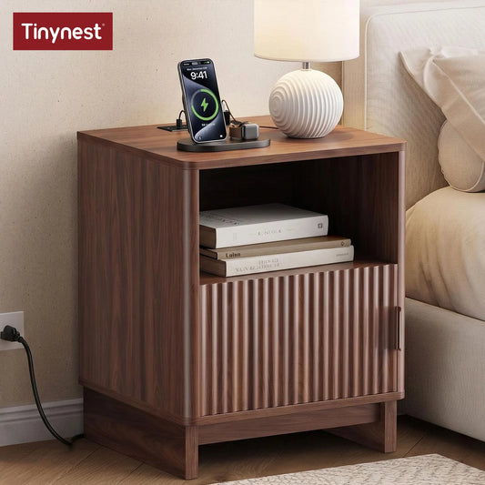 TinyNest Nightstand With Charging Station And Fluted Wood Storage