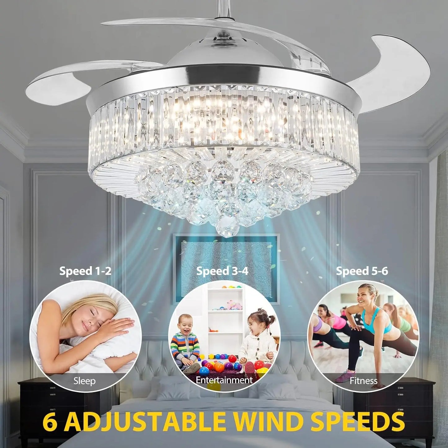 Crystal Ceiling Fan With Light And Remote Retractable Blades