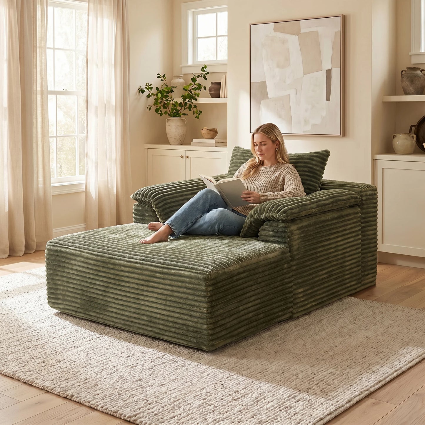 Corduroy Sofa Bed With Armrests And Pillows Reading Chair