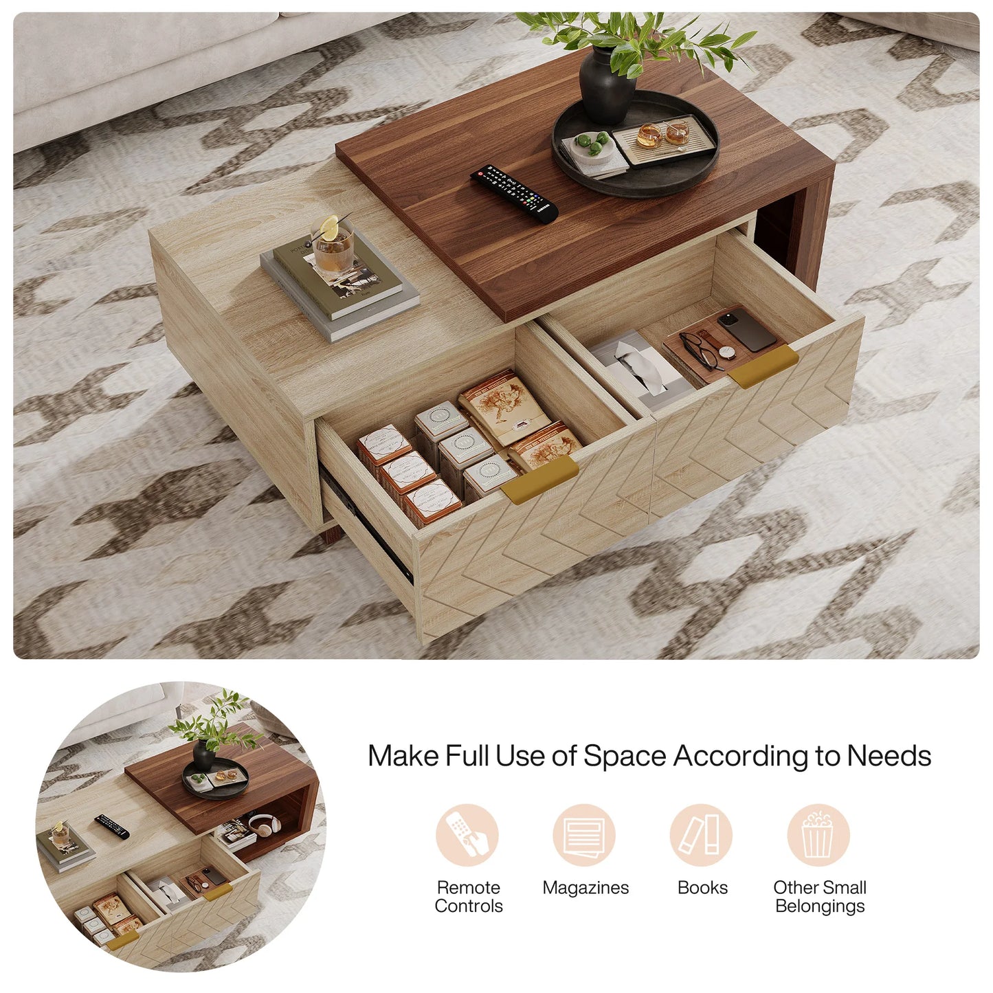 Tribesigns Extendable Coffee Table With Two Drawers