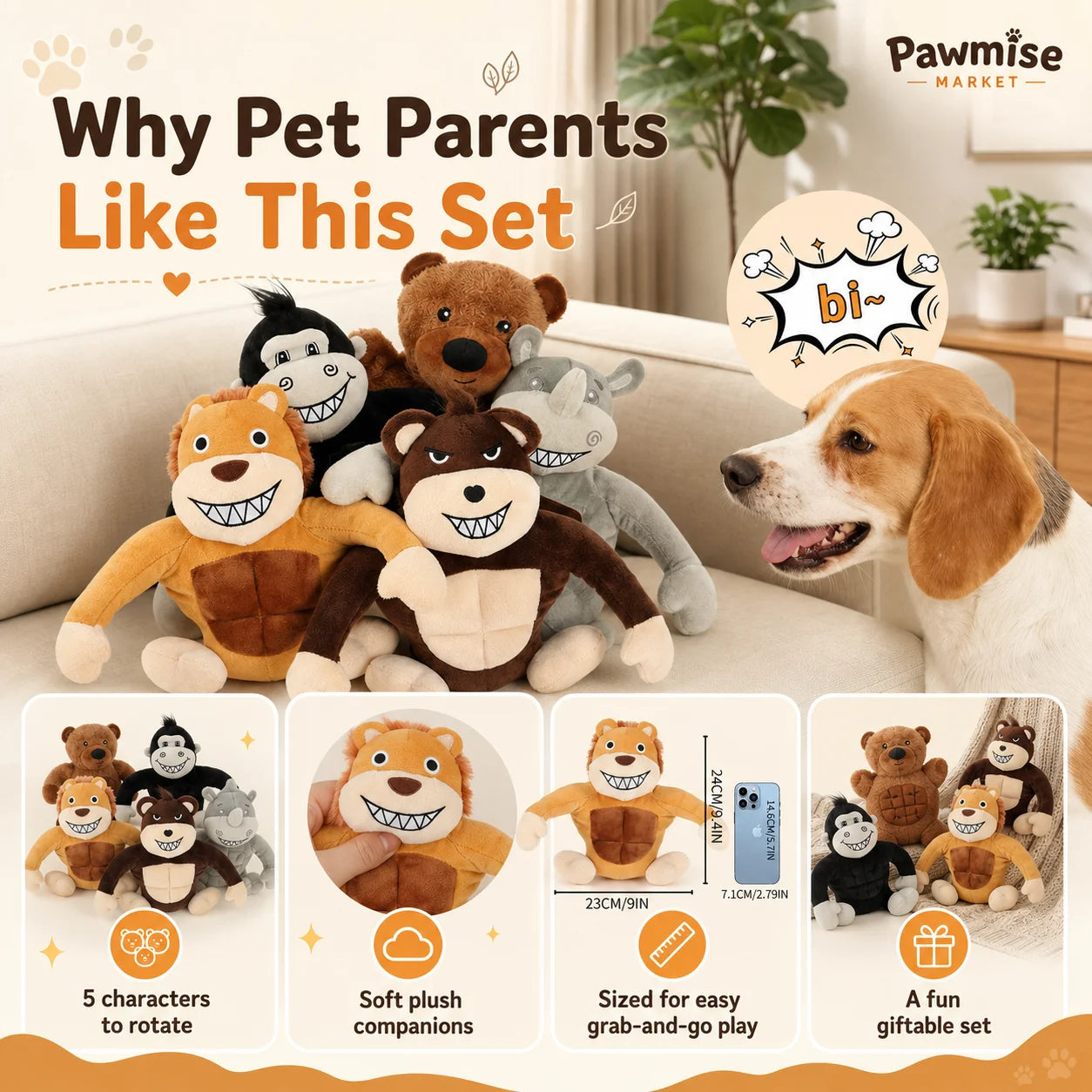 Squeaky Plush Pet Toy Set Lion Bear Rhino Monkey Chimp