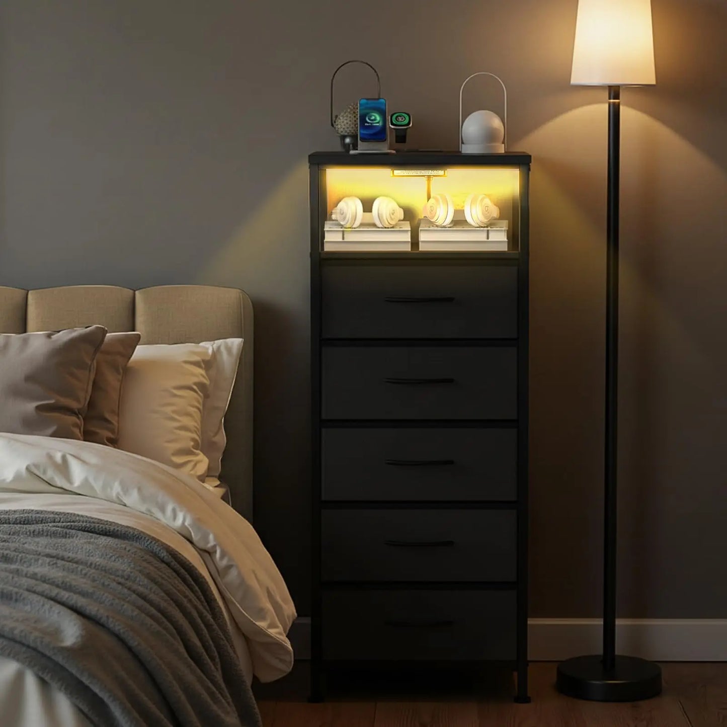 JHK Five Drawer Dresser Nightstand With Charging Station