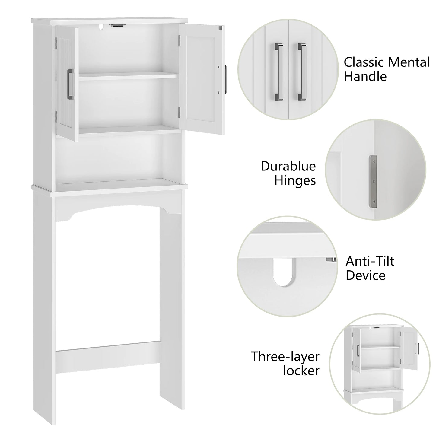 Over The Toilet Storage Cabinet with Double Doors and Anti-Tip Device, Above Toilet Bathroom Organizer with Open Shelf, Taller