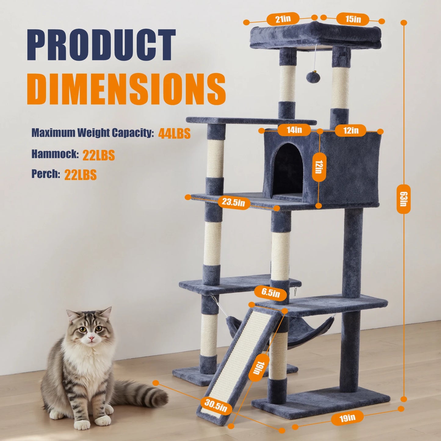 JHK Cat Tree Tall Multi Cat Climbing Tower With Natural Sisal Posts Indoor