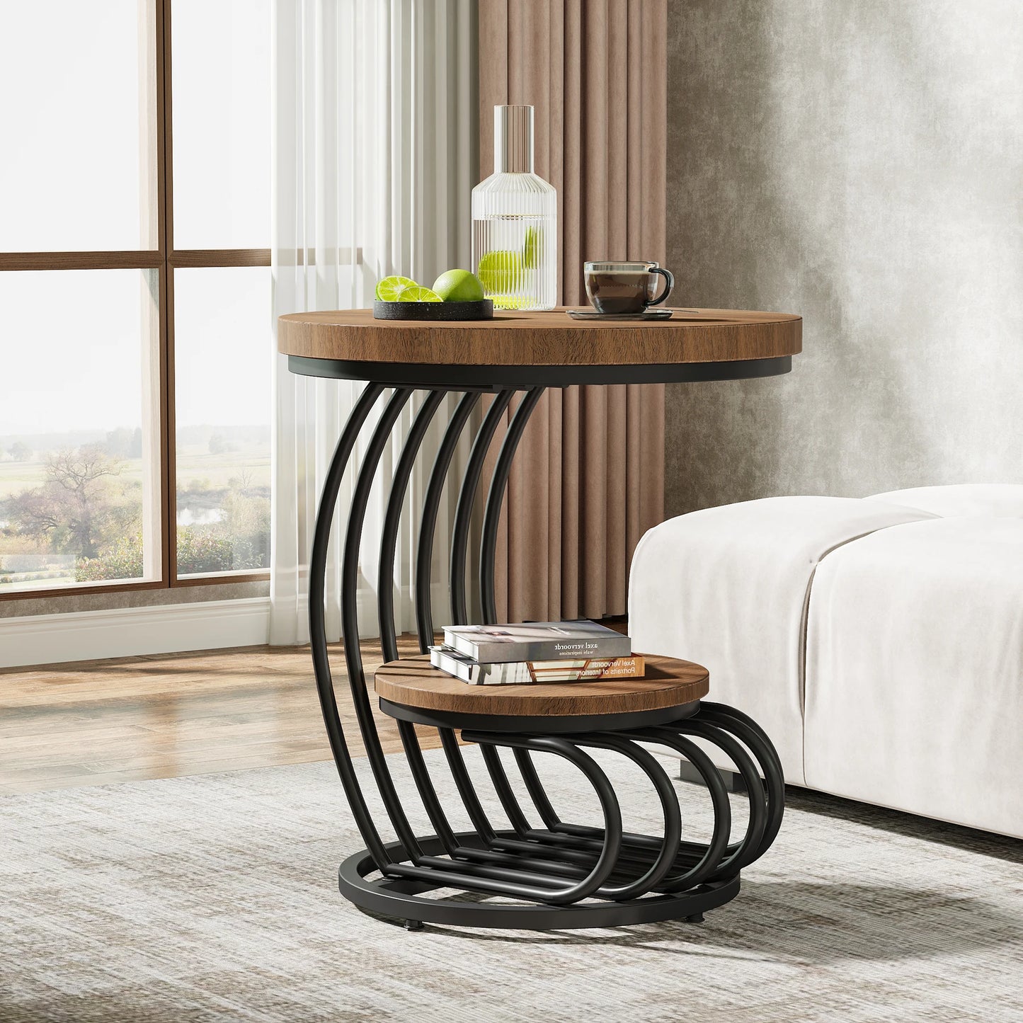 Tribesigns Round End Table Two Tiers Faux Marble Storage Shelf