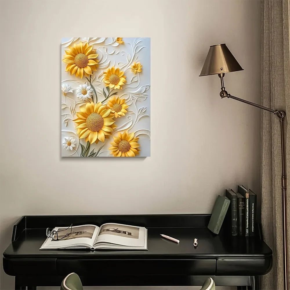 3D relief sunflower canvas art with wood frame, vivid yellow wall printing in living room and bedroom, Christmas home decor